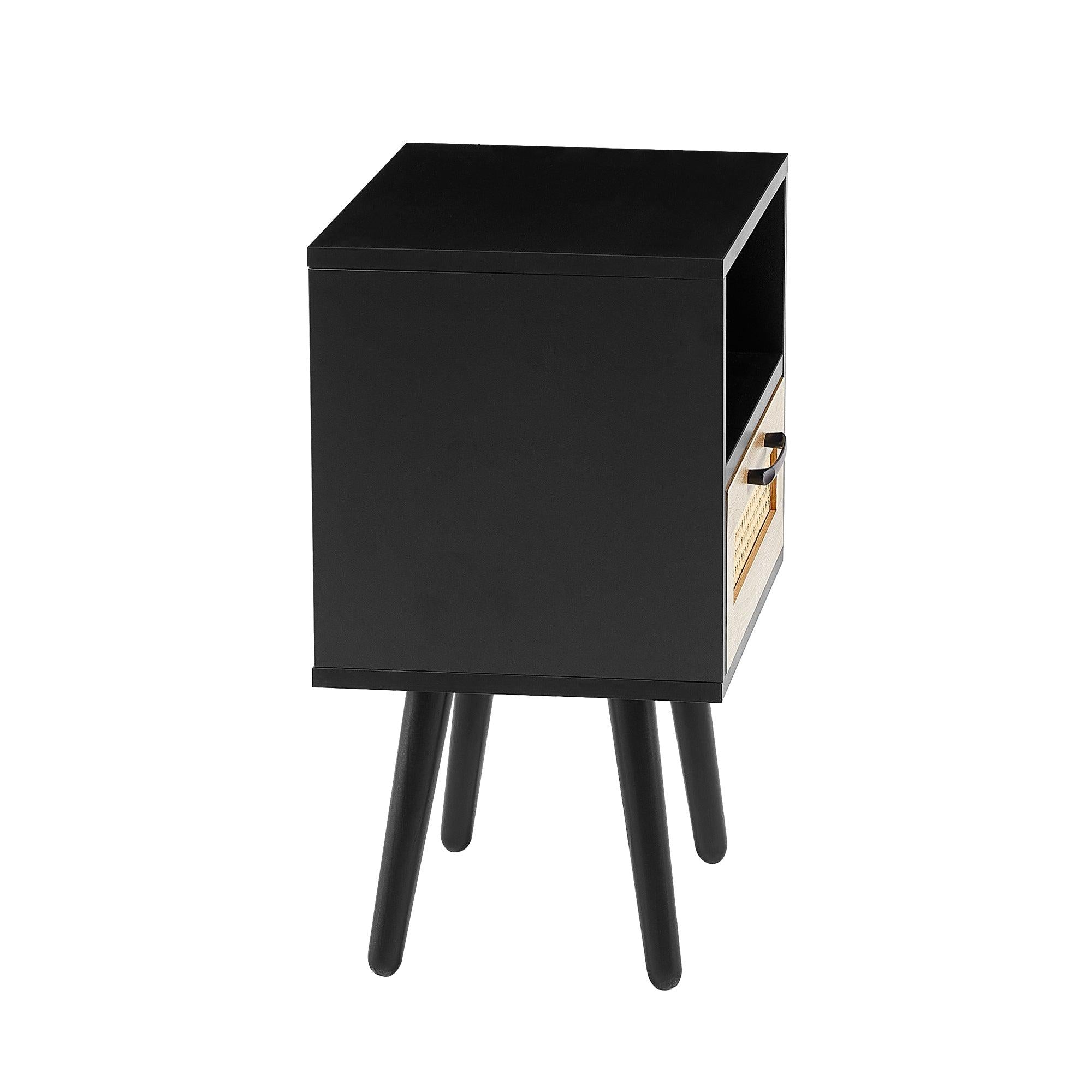 15.75" Rattan End table with  drawer and solid wood legs,Modern nightstand, side table for living roon, bedroom, black