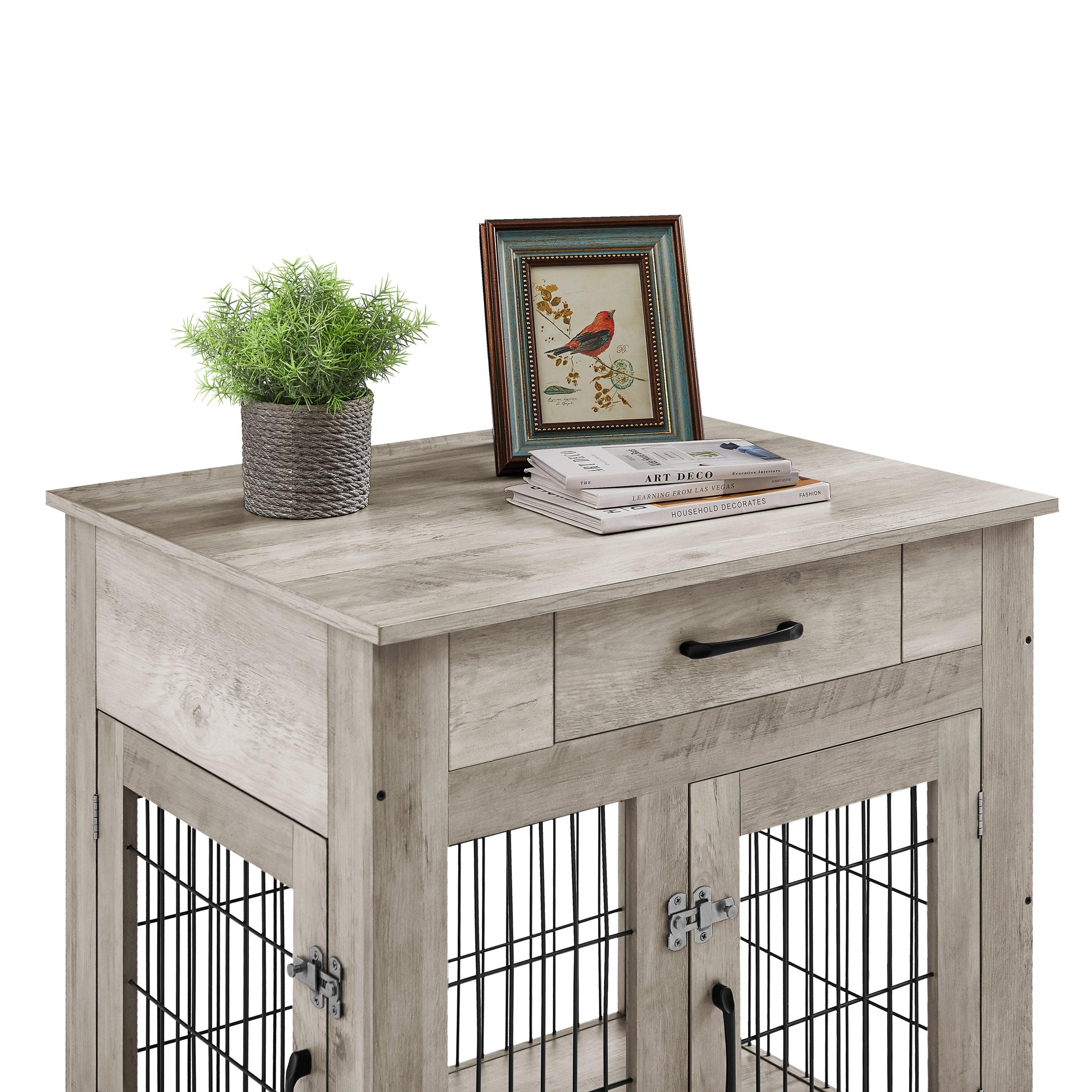 Furniture Style Dog Crate End Table with Drawer, Pet Kennels with Double Doors , Dog House Indoor Use, （Grey，29.92”w x 24.80” d x 30.71”h）