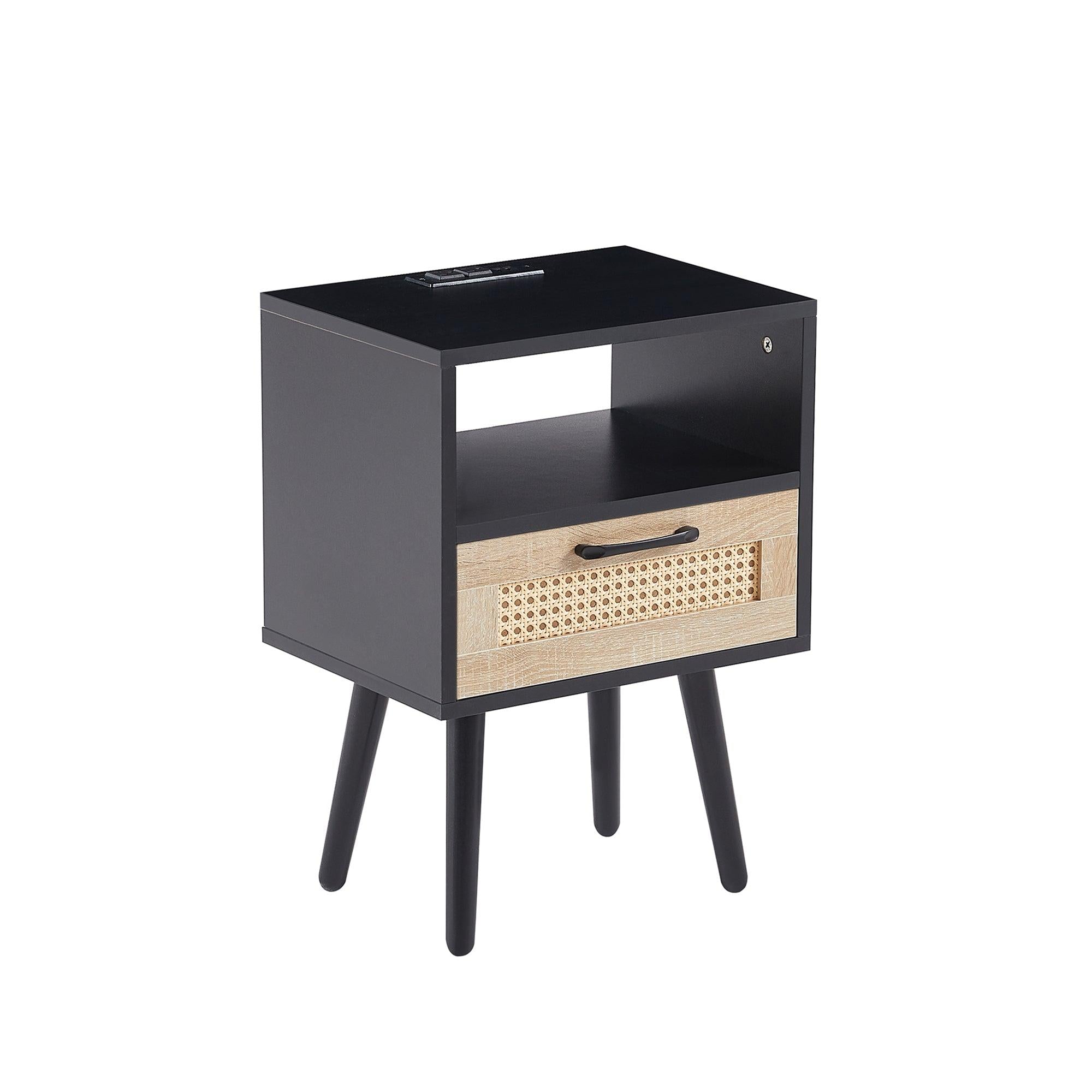 15.75" Rattan End table with Power Outlet  & USB Ports ,Modern nightstand with drawer and solid wood legs, side table for living roon, bedroom,black