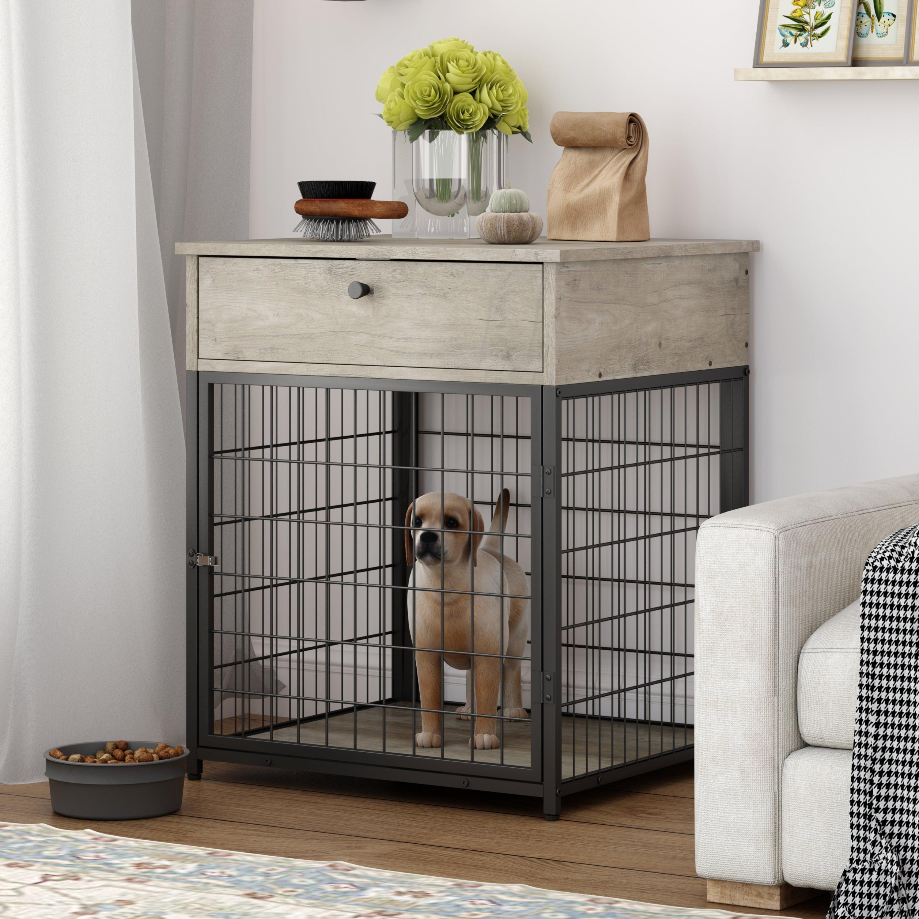 Furniture Style Wood Dog Crate End Table withStorage Console（Grey,19.69''w x 22.83''d x 26.97''h）