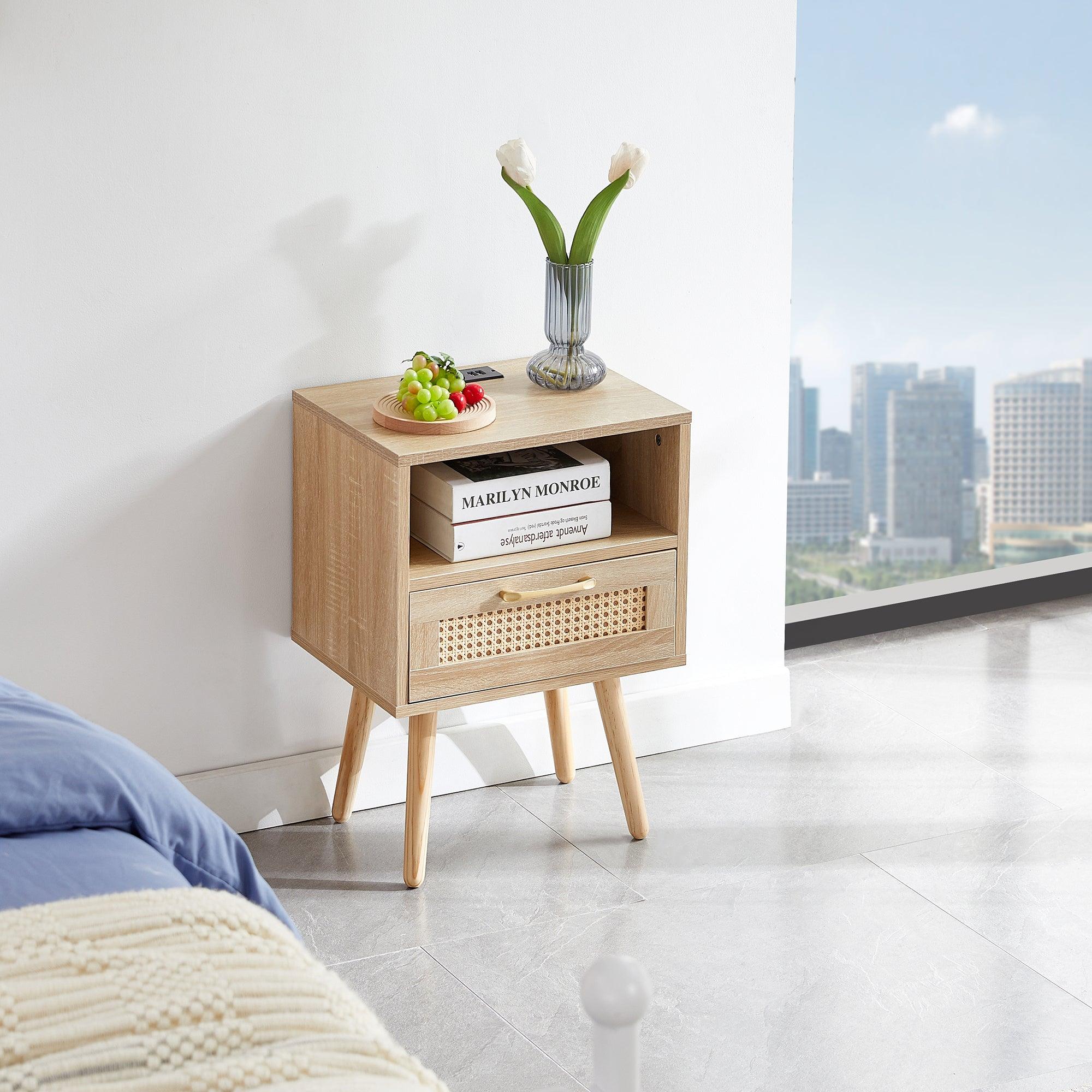 15.75" Rattan End table with Power Outlet  & USB Ports ,Modern nightstand with drawer and solid wood legs, side table for living roon, bedroom,natural