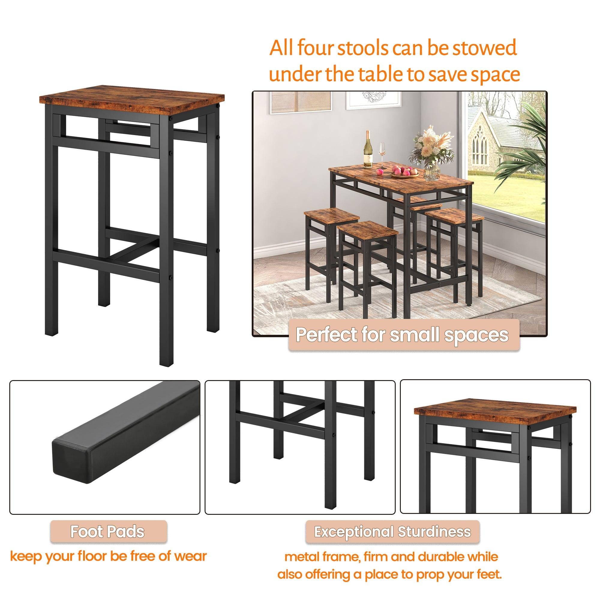 Bar table set 5PC Dinging table set with high stools, structural strengthening, industrial style (Rustic Brown，43.31''w x 23.62''d x 35.43''h)