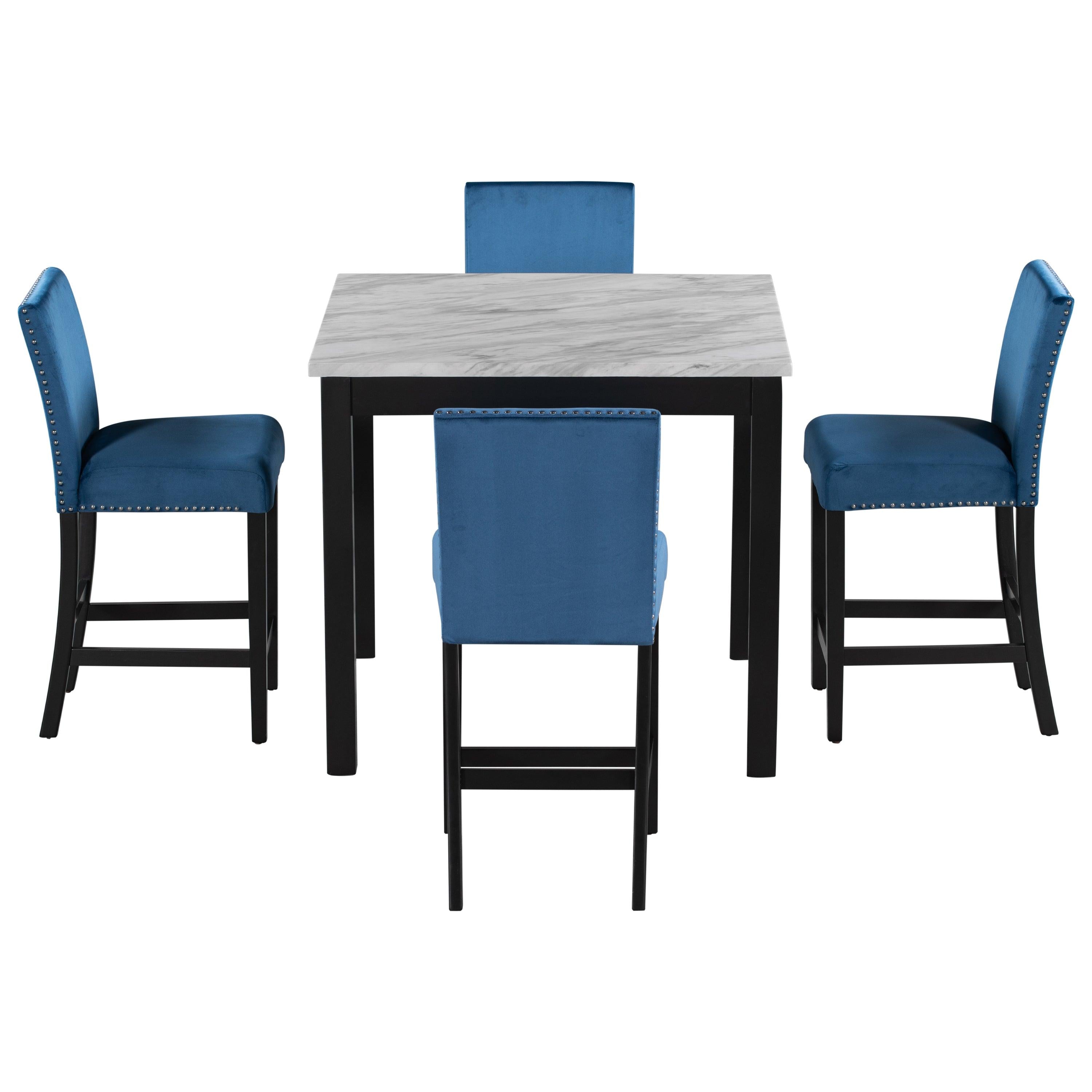 5-piece Counter Height Dining Table Set with One Faux Marble Dining Table and Four Upholstered-Seat Chairs, Table top: 40in.L x40in.W, for Kitchen and Living room Furniture,Blue