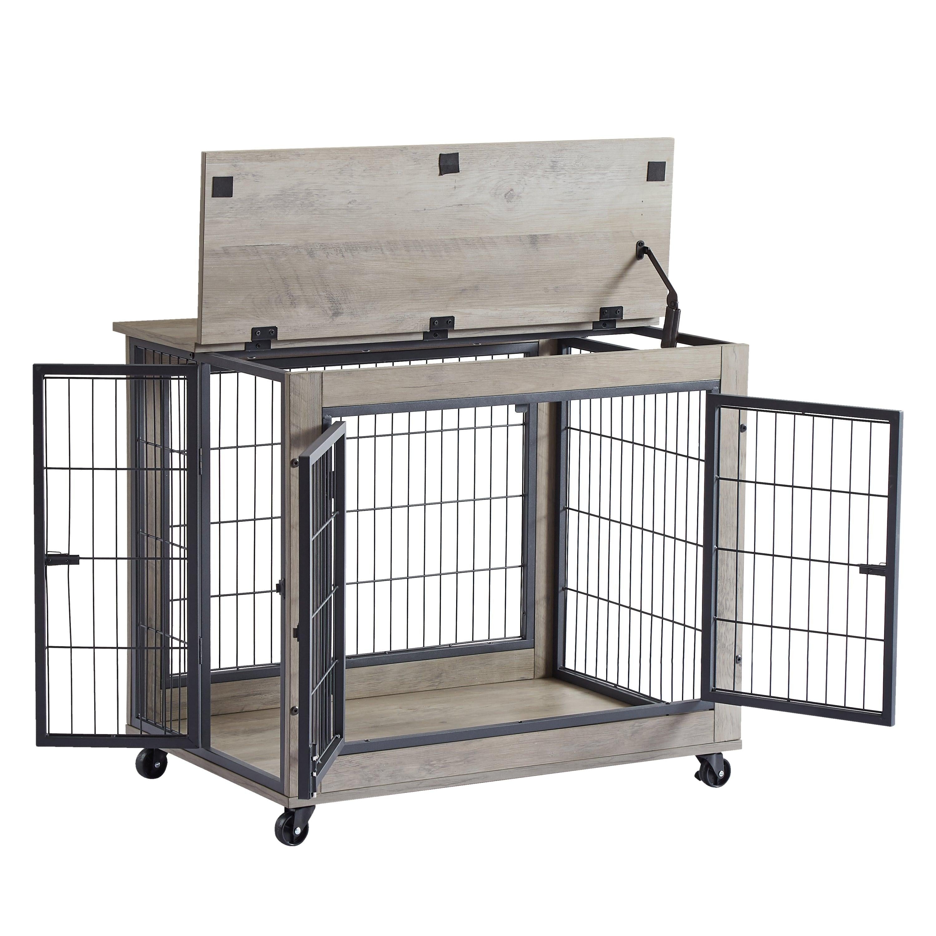 Furniture Style Dog Crate Side Table on Wheels with Double Doors and Lift Top. （Grey,31.50’’W*22.05’’D*25’’H）