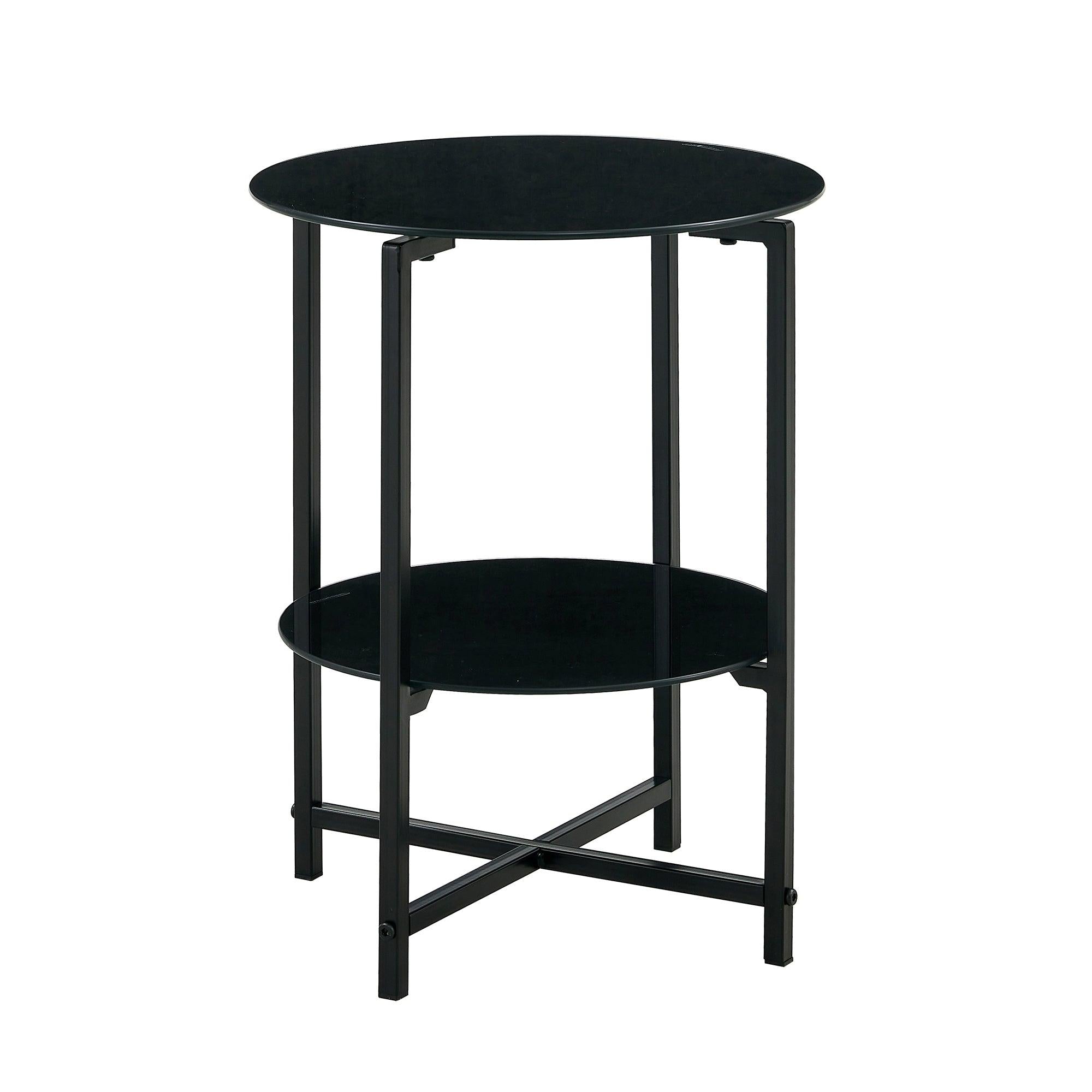 2- layer Tempered Glass End Table, Round Coffee Table for Bedroom Living Room Office (black)