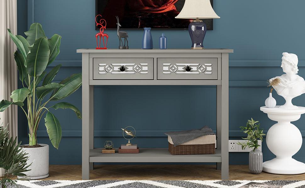 Classic Console Table with Hollow-out Decoration Two Top Drawers and Open Shelf LargeStorage Space (Silver)