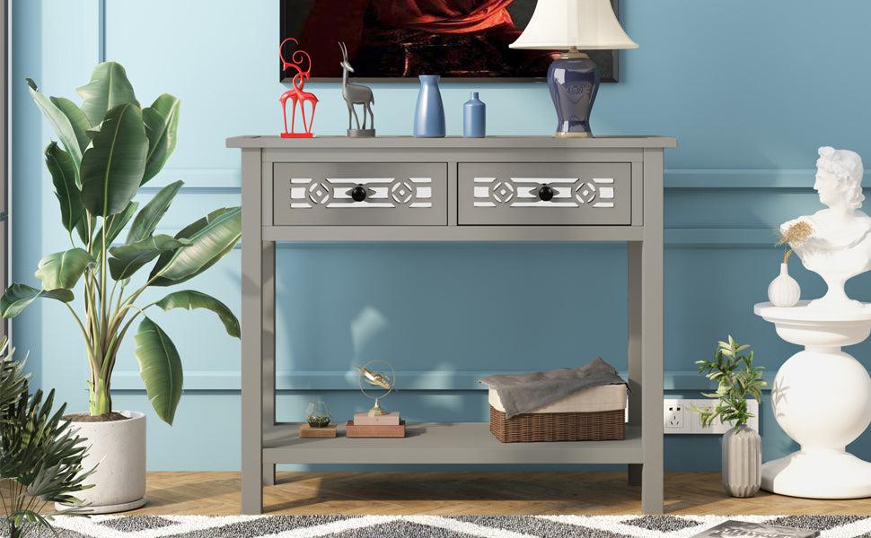 Classic Console Table with Hollow-out Decoration Two Top Drawers and Open Shelf LargeStorage Space (Silver)