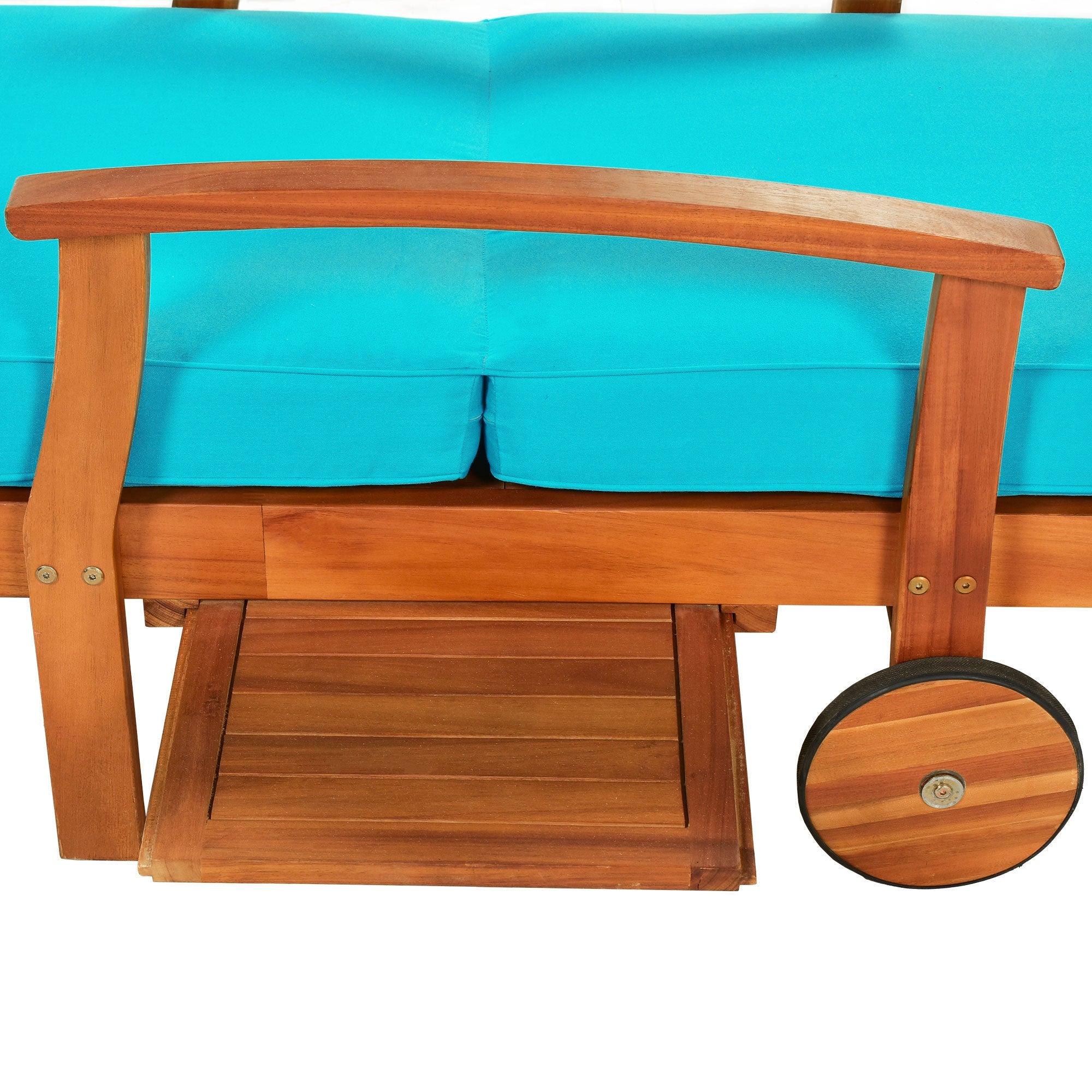 78.8" Outdoor Patio Solid Wood Chaise Lounge Reclining Daybed with Blue Cushion, Wheels and Sliding Cup Table