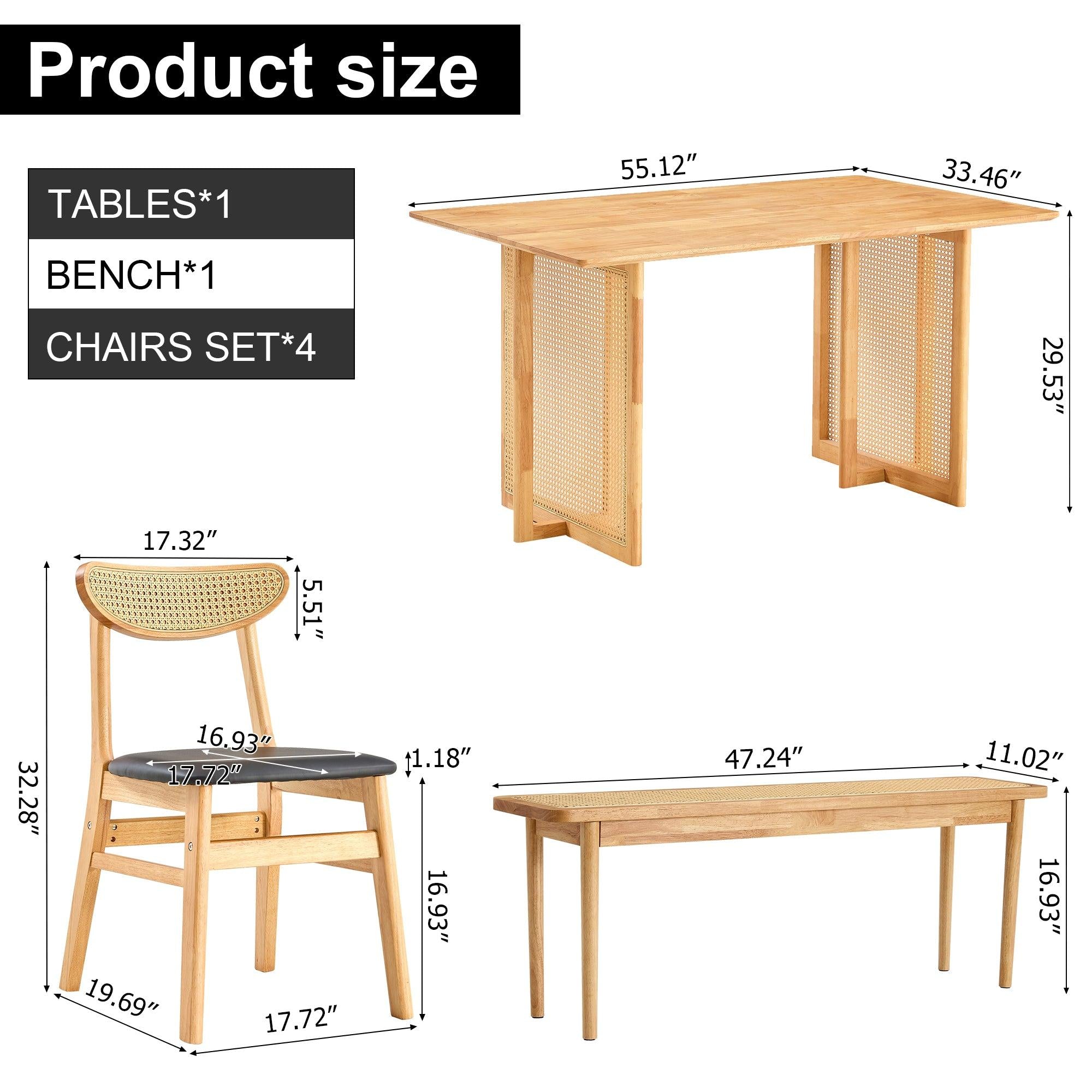 Solid wood dining table and 4-piece set of solid wood dining chairs and solid wood benche