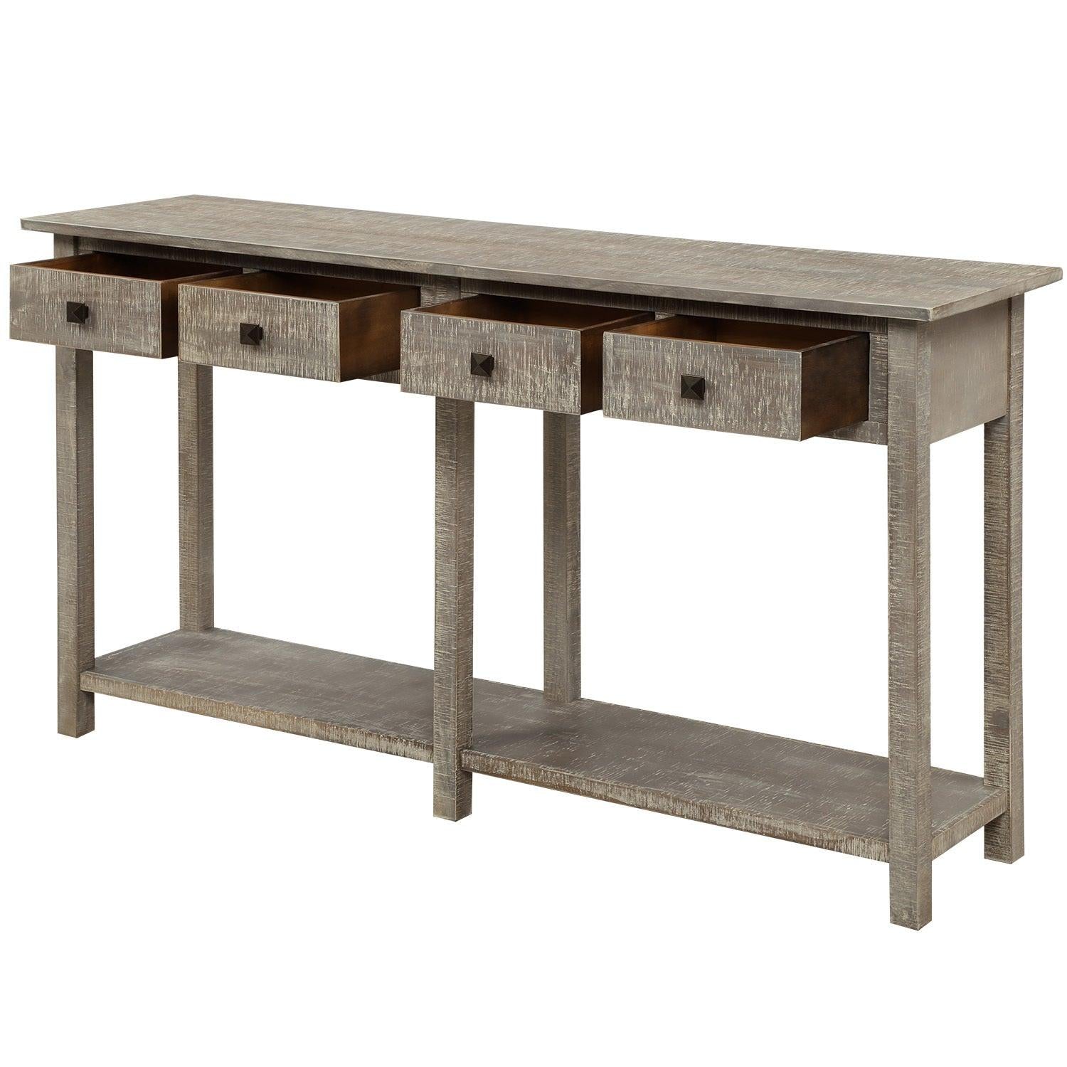 Rustic Brushed Texture Entryway Table Console Table with Drawers and Bottom Shelf for Living Room (Grey Wash)