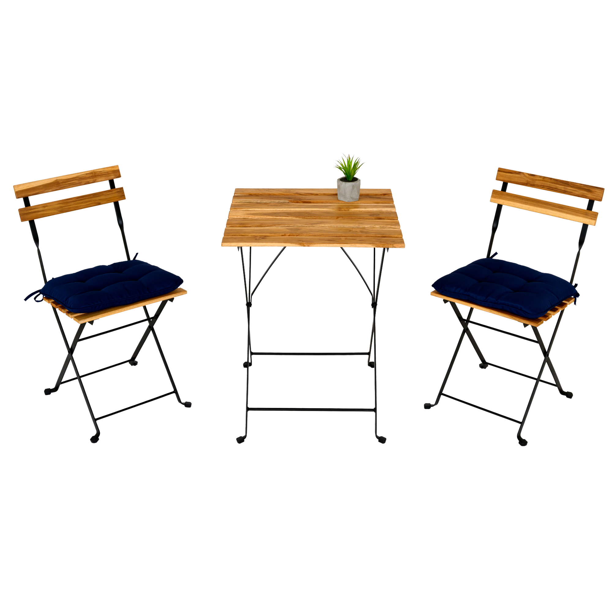 Solid Teak Wood Bistro Set Folding Table And Chair Set Power Coating Frame Patio Set With Waterproof Navy Cushion