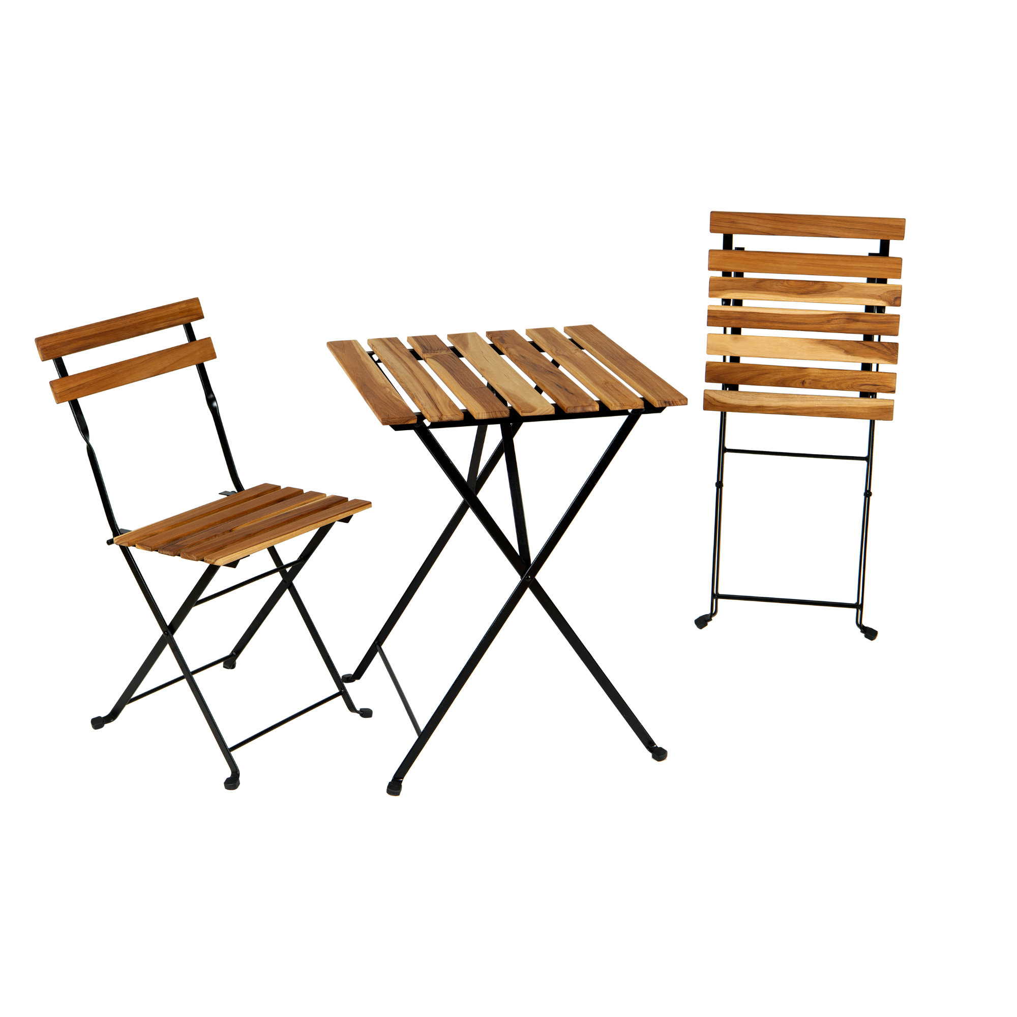 Solid Teak Wood Bistro Set Folding Table And Chair Set Power Coating Frame Patio Set With Waterproof Navy Cushion