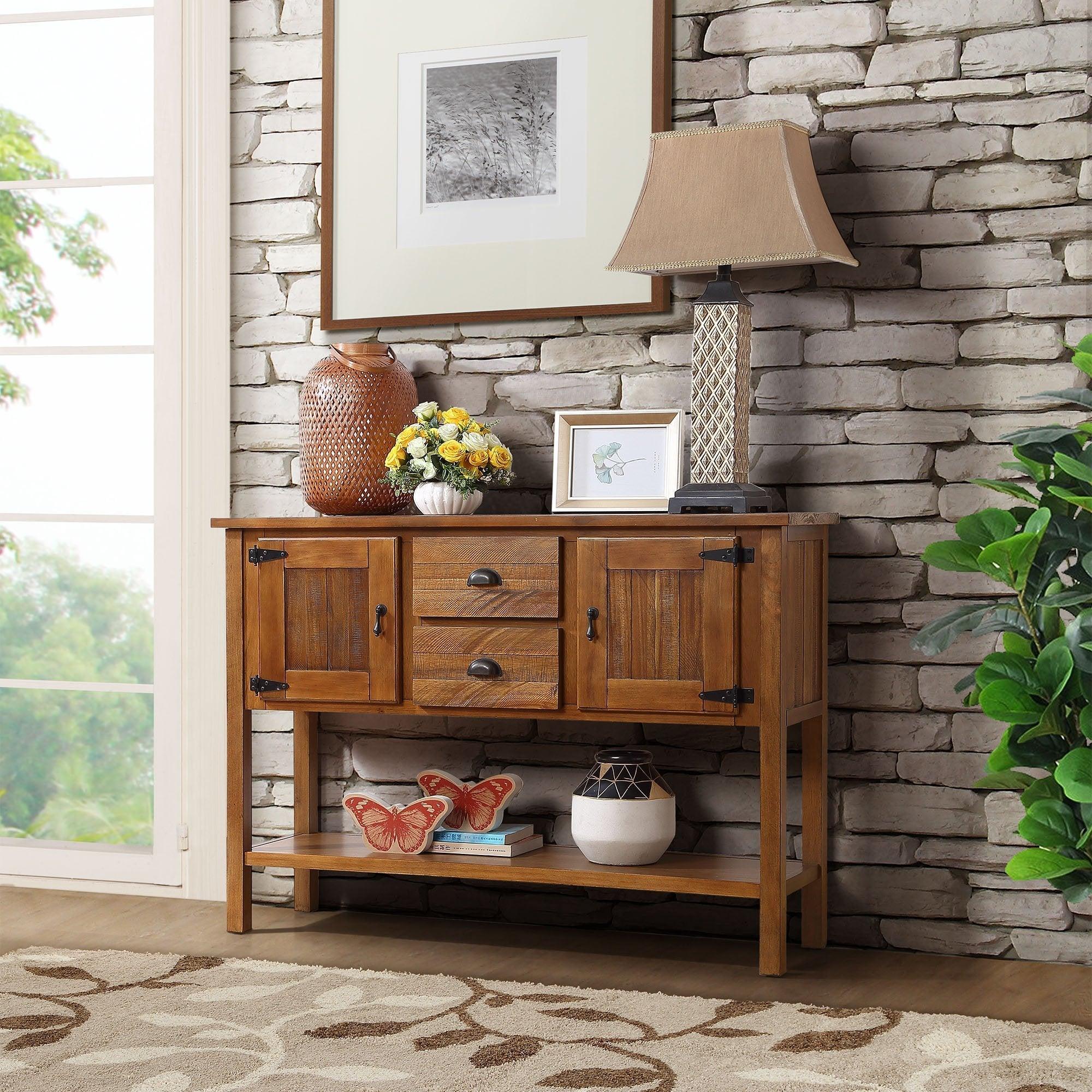 48'' Solid Wood Sideboard Console Table with 2 Drawers and Cabinets and Bottom Shelf, Retro StyleStorage Dining Buffet Server Cabinet for Living Room Kitchen Dining Room(Brown)