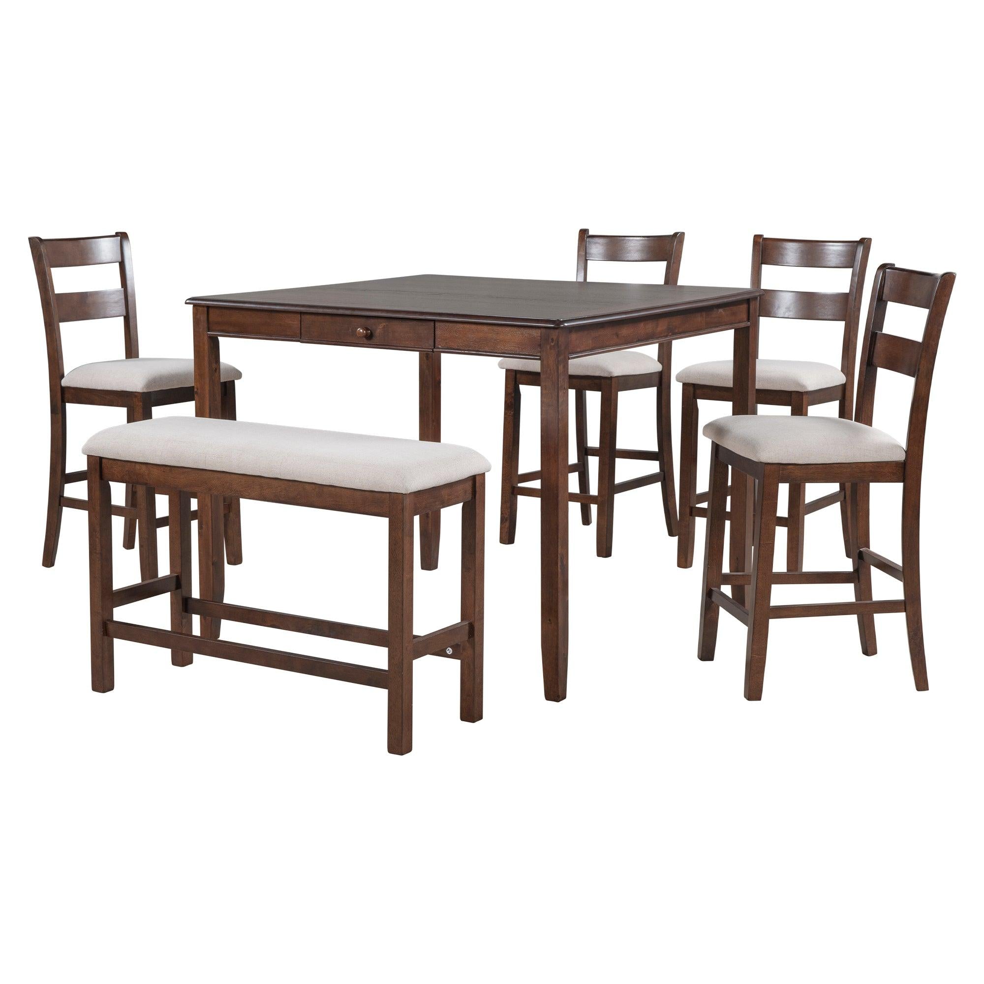 Wood 6-Piece Dining Table Set withStorage Drawer, Counter Height Square Kitchen Set with Upholstered Chair and Bench, Walnut