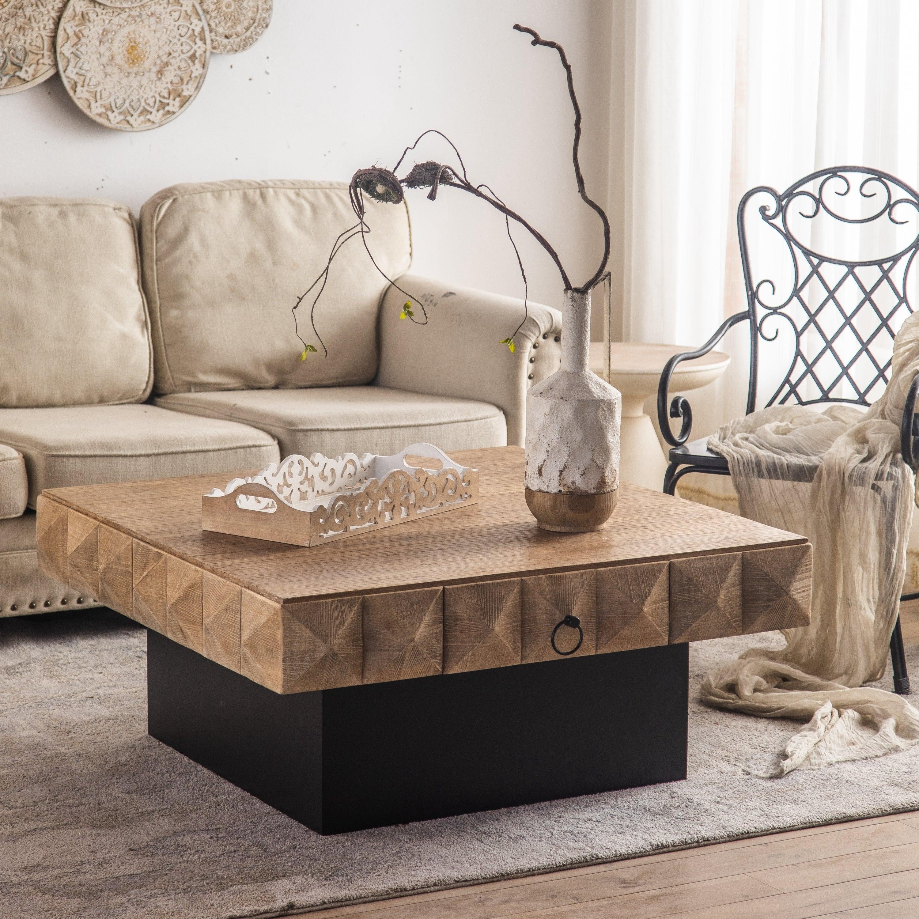 41.33"Three-dimensional Embossed  Pattern Square Retro Coffee Table with 2 Drawers and MDF Base