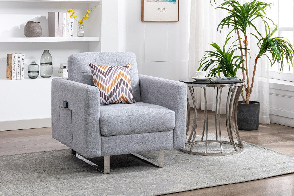 Victoria Light Gray Linen Fabric Loveseat Chair Living Room Set with Metal Legs, Side Pockets, and Pillows