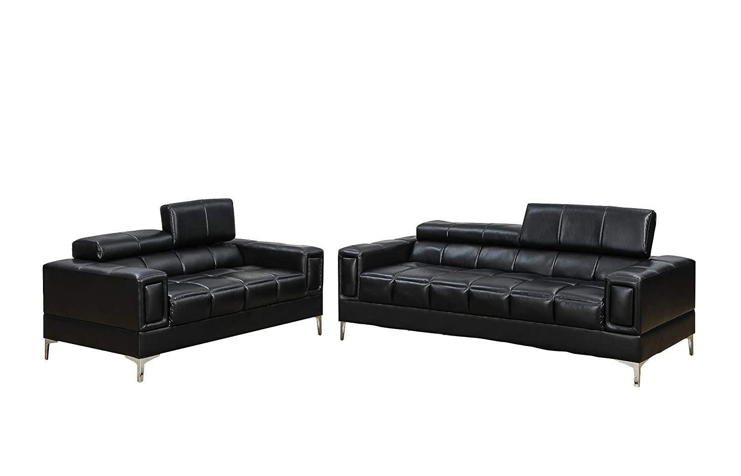 Black Faux Leather Living Room 2pc Sofa set Sofa And Loveseat Furniture Couch Unique Design Metal Legs Adjustable Headrest