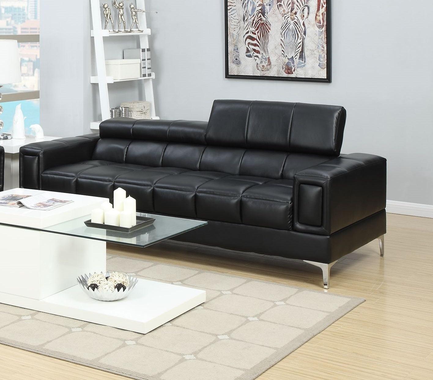 Black Faux Leather Living Room 2pc Sofa set Sofa And Loveseat Furniture Couch Unique Design Metal Legs Adjustable Headrest