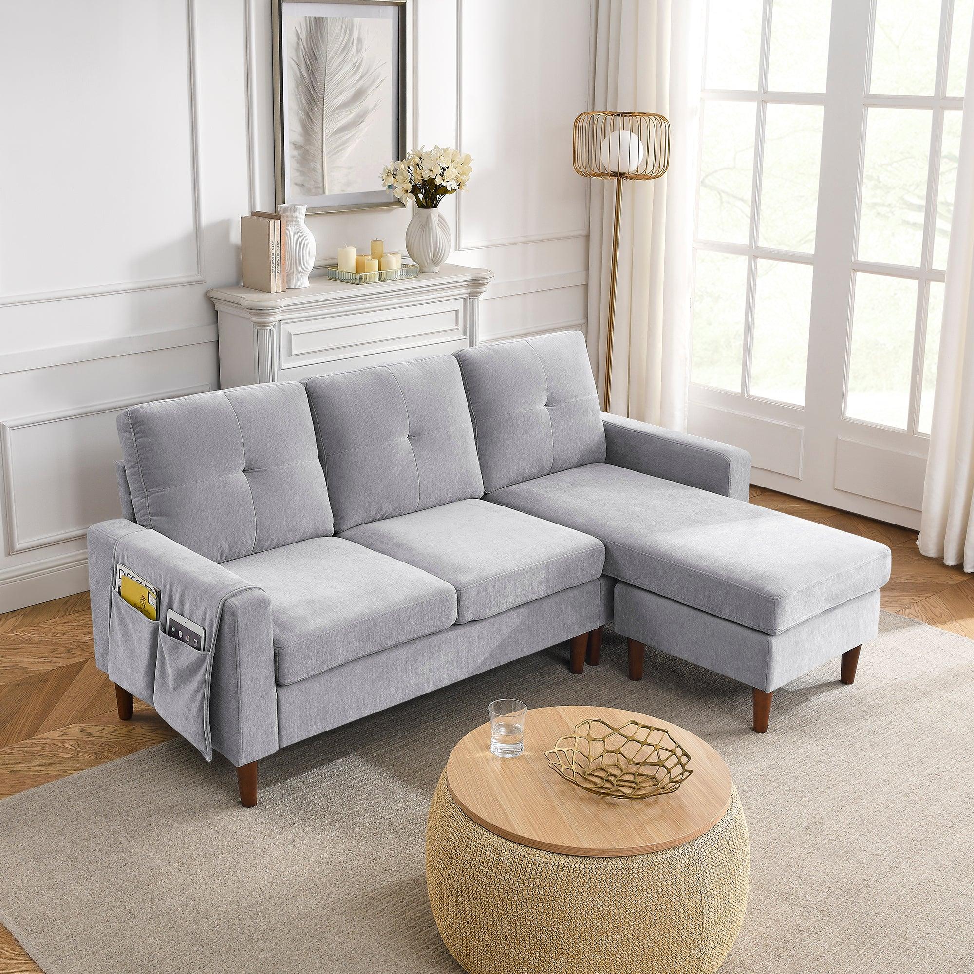 80” Convertible Sectional Sofa Couch, 3 Seats L-shape Sofa with Removable Cushions and Pocket, Rubber Wood Legs, Light Grey Chenille