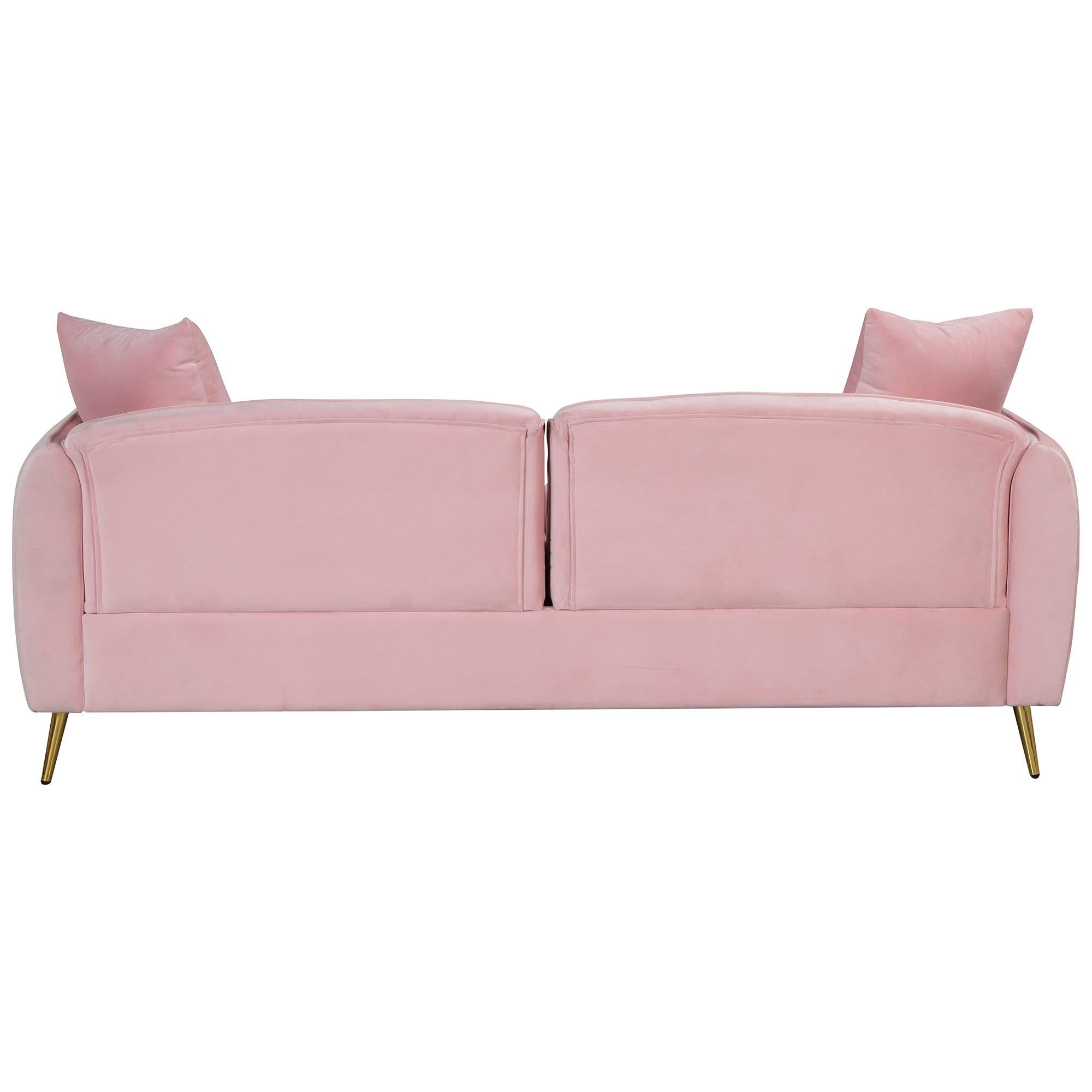 77.5" Velvet Upholstered Sofa with Armrest Pockets,3-Seat Couch with 2 Pillows and lden Metal Legs for Living Room,Apartment,Home Office,Pink