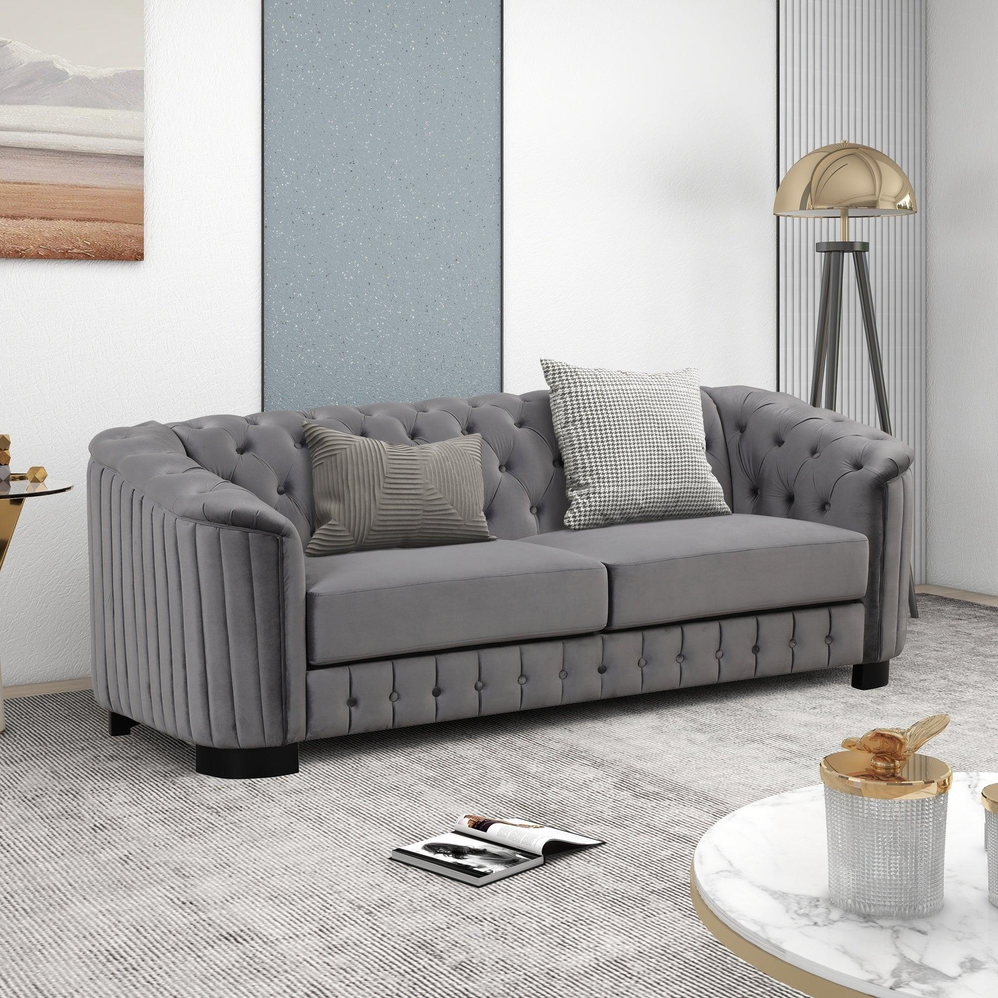 Modern 3-Piece Sofa Sets with Rubber Wood Legs,Velvet Upholstered Couches Sets Including Three Seat Sofa, Loveseat and Single Chair for Living Room Furniture Set,Gray