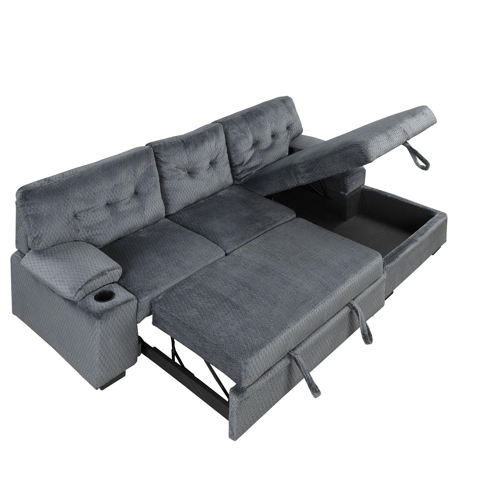 95.7"Modern Padded Upholstered  Sofa Bed Sleeper Sectional Sofa withStorage Chaise and Cup Holder for Living Room Furniture Set