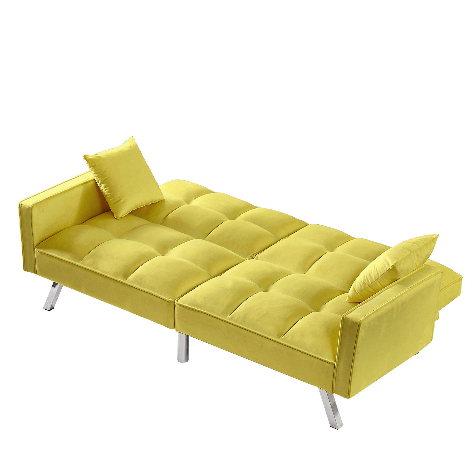 Modern Velvet Sofa Couch Bed with Armrests and 2 Pillows for Living Room and Bedroom .(YELLOW)