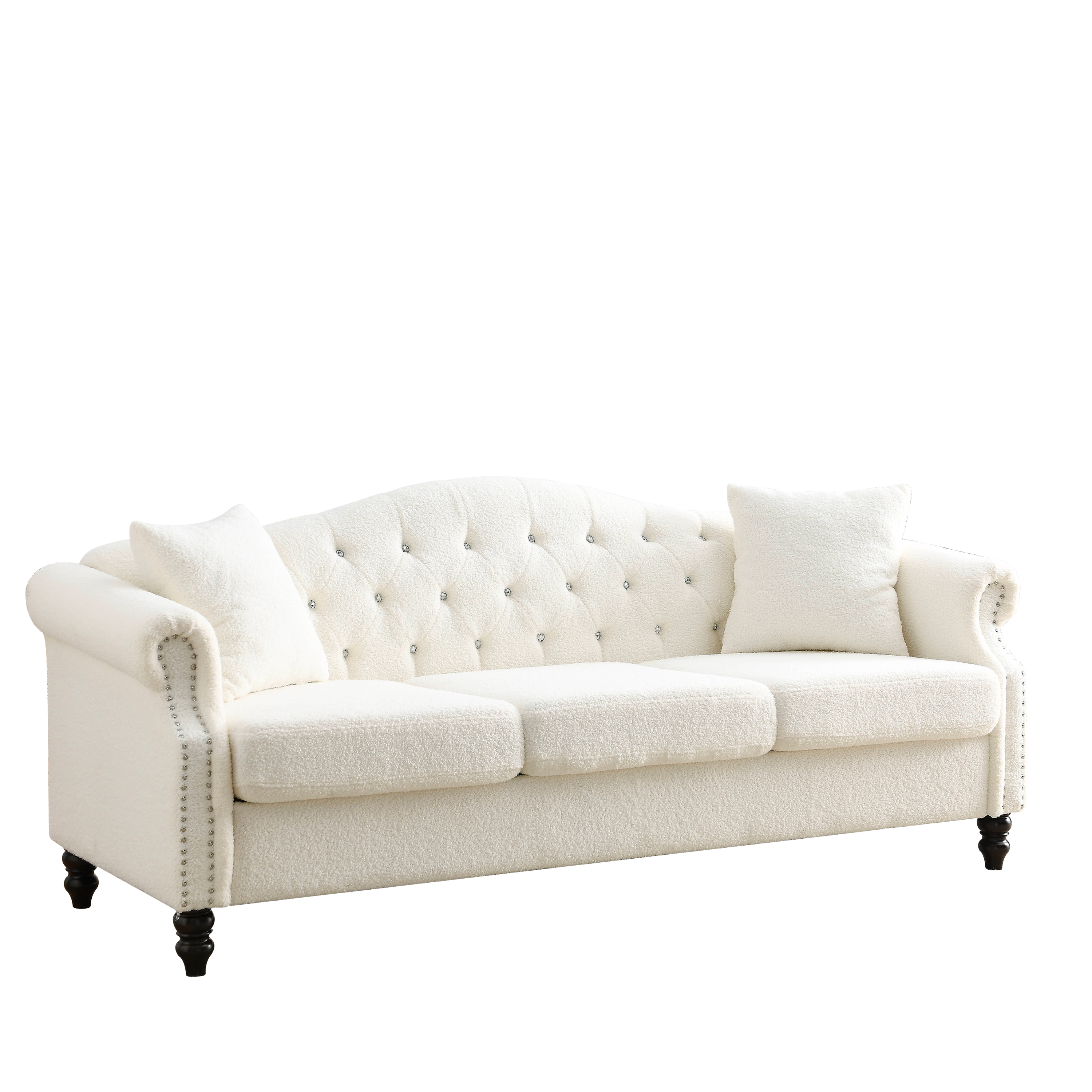 79" Chesterfield Sofa Teddy white for Living Room, 3 Seater Sofa Tufted Couch with Rolled Arms and Nailhead for Living Room, Bedroom, Office, Apartment, two pillows