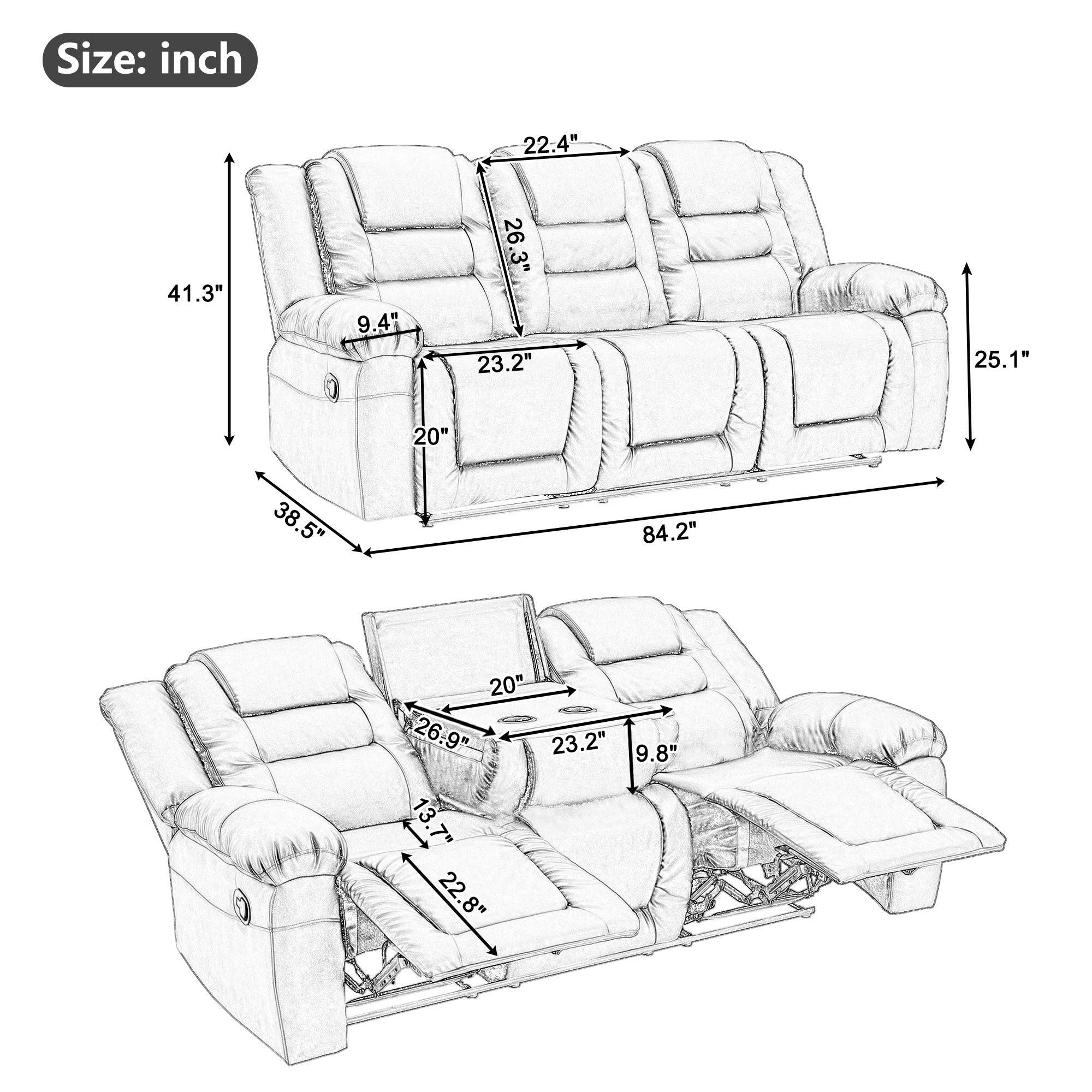 Home Theater Seating Manual Recliner with Center Console, PU Leather Reclining Sofa for Living Room,Black