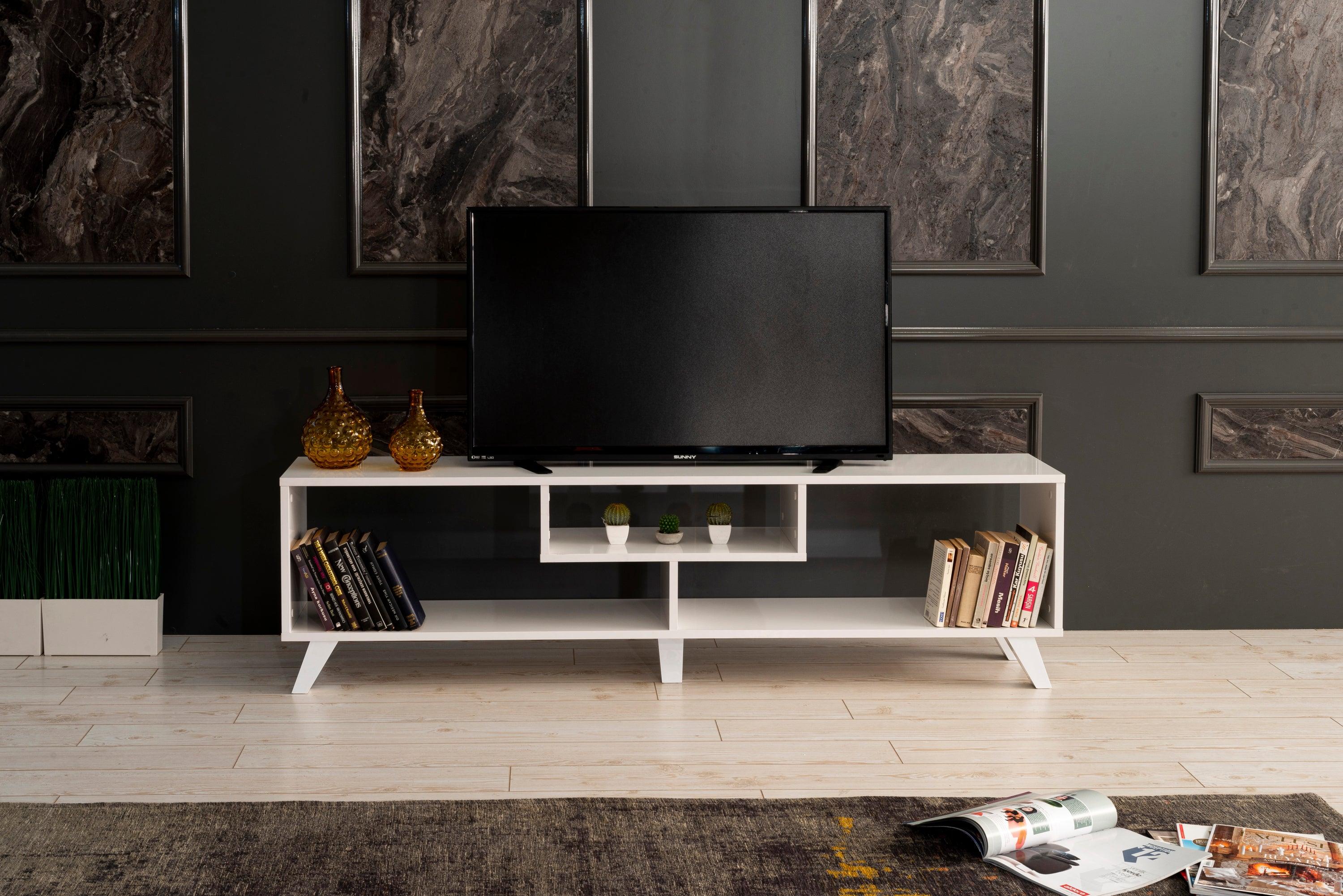 Parma Mid CenturyModern Tv Stand Open Shelving Entertainment Centre 67 inch Tv Unit, White