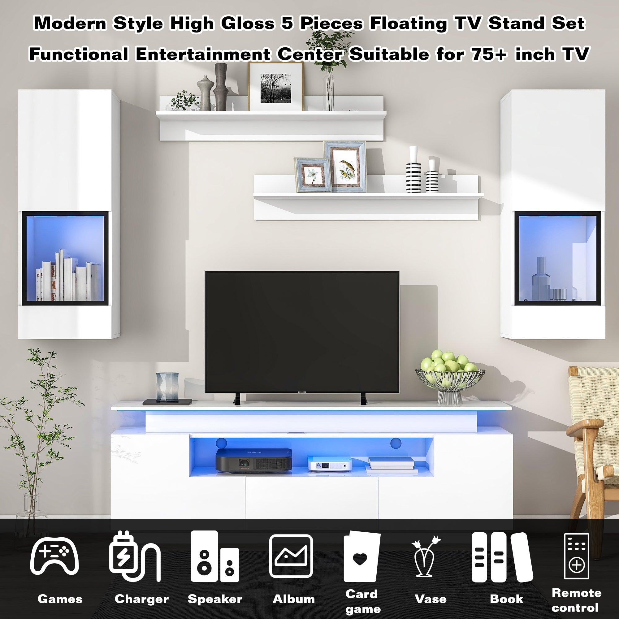 Stylish Functional TV stand, 5 Pieces Floating TV Stand Set, High Gloss Wall Mounted Entertainment Center with 16-color LED Light Strips for 75+ inch TV, White