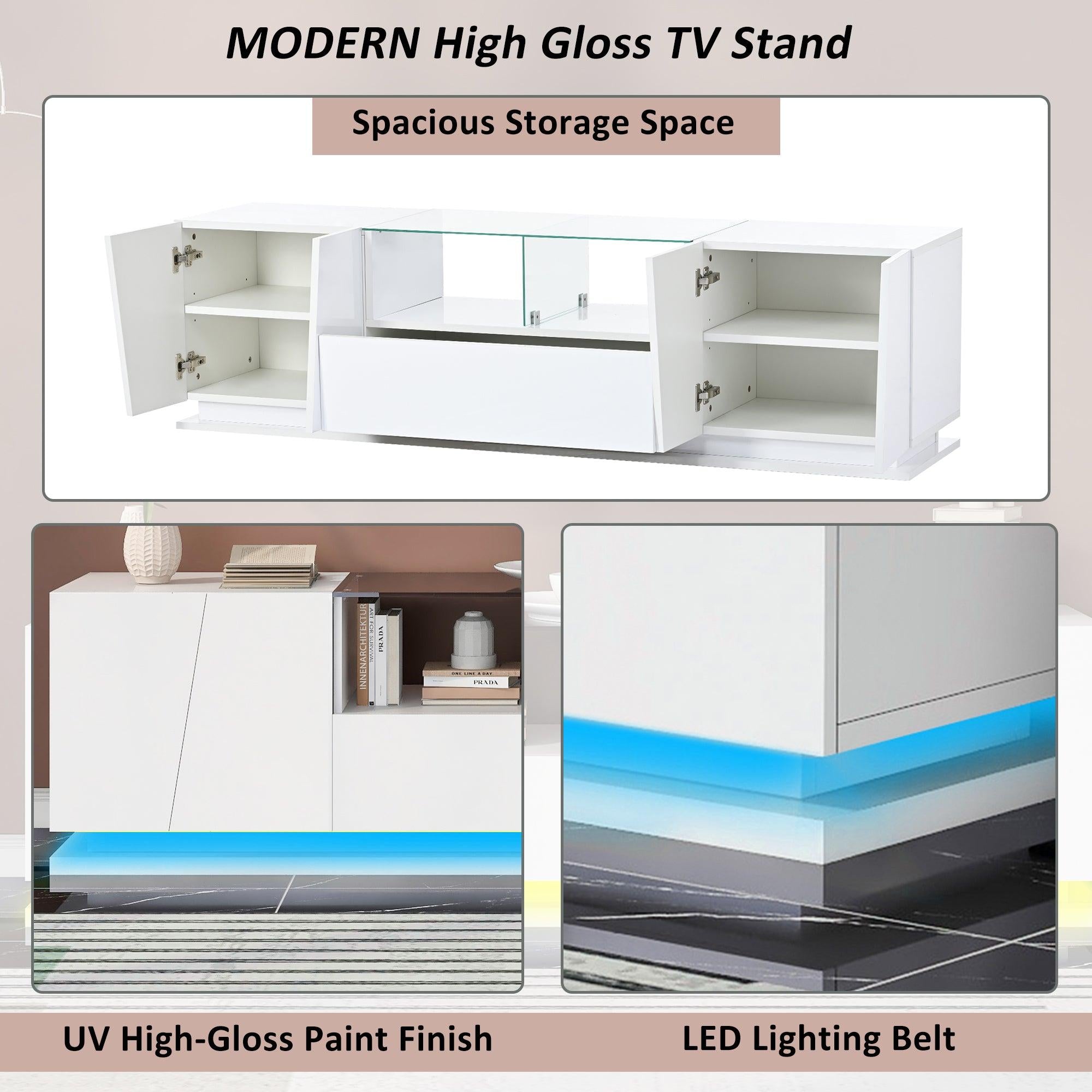 TV Stand with Tempered Glass,Modern High Gloss Entertainment Center for TVs Up to 72'',TV Cabinet withStorage and LED Color Changing Lights for Living Room,White