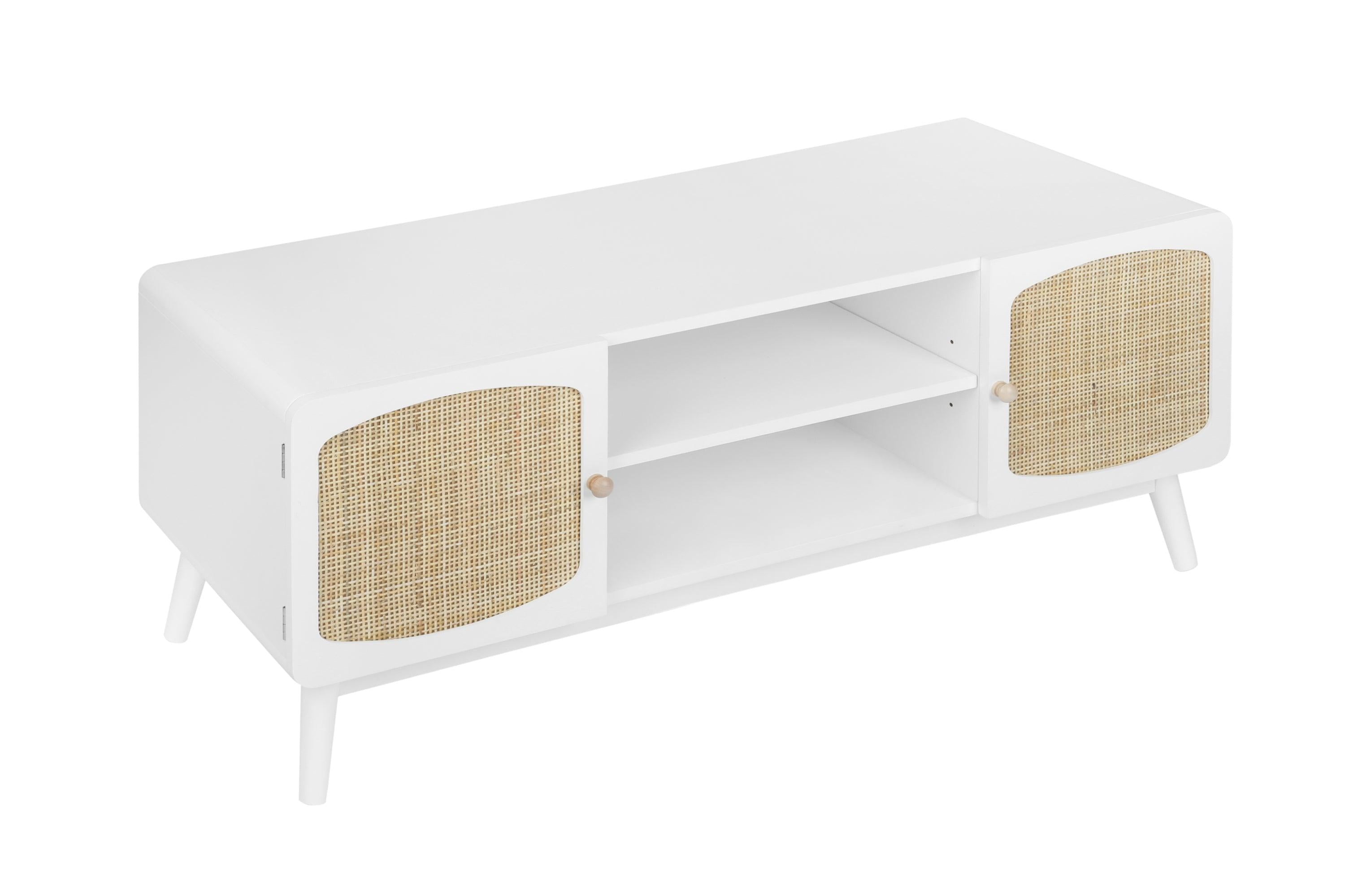 White TV Console with Rattan Door, Boho TV Stand for Bedroom, Living Room