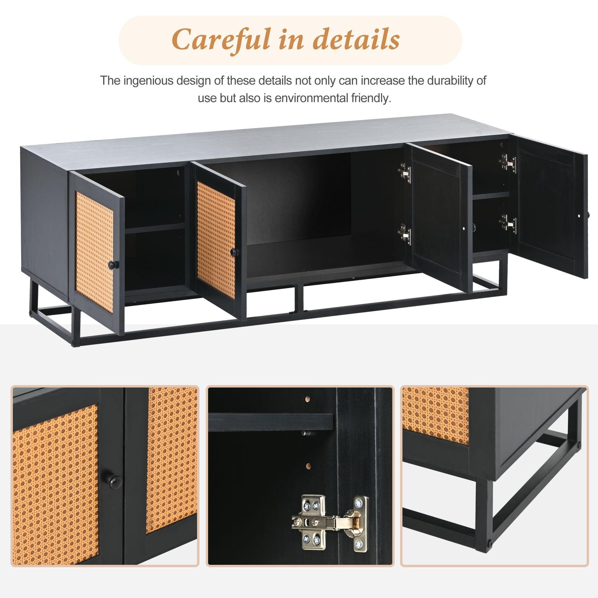 TV Stand Entertainment Cabinet with 4 Textured Rattan Doors and 2 Adjustable Panels, Wooden Farmhouse TV Console Table for TVs up to 65inches, Espresso