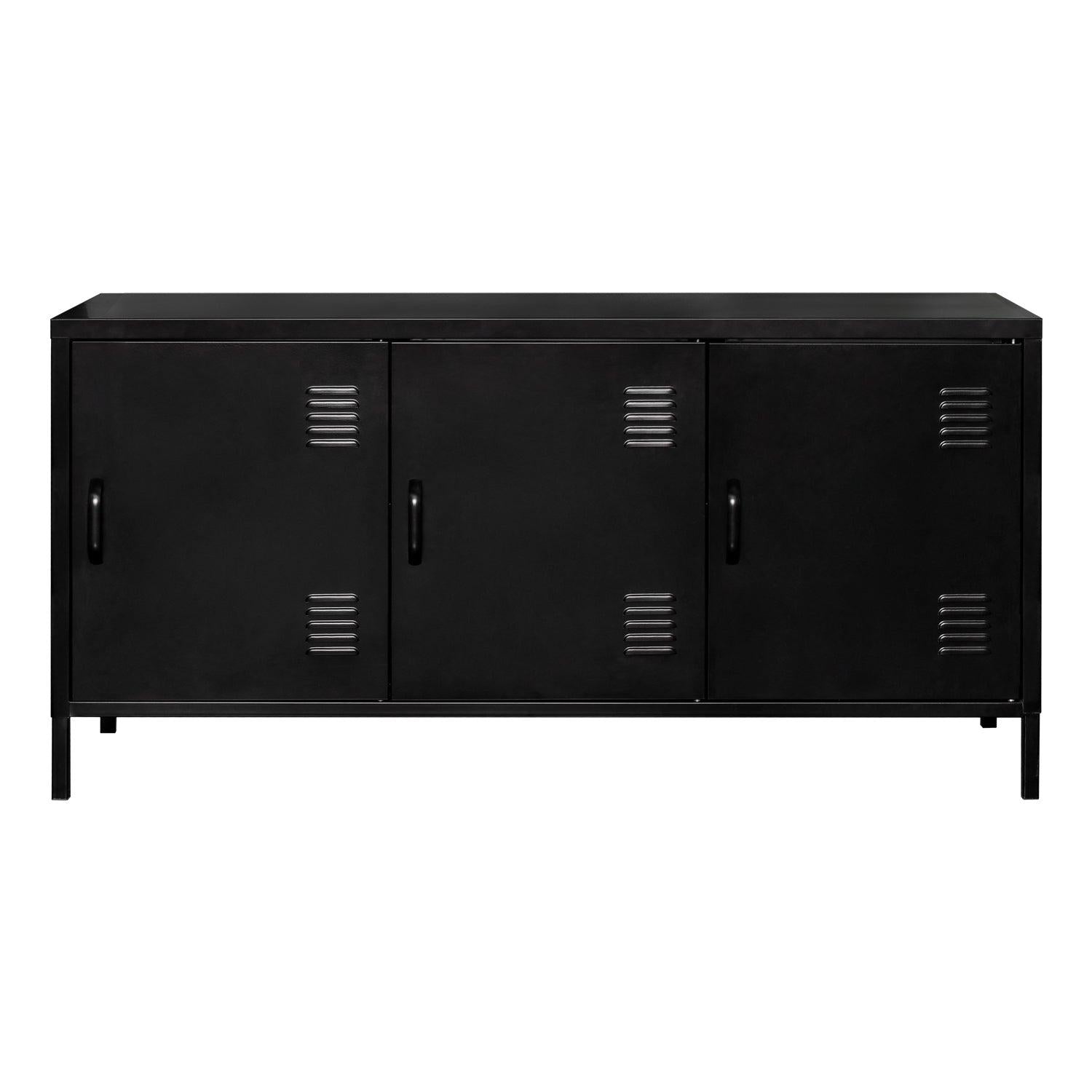 3 Door Metal Locker TV Cabinet with Shelf Industrial SteelStorage Cabinet TV Stand for Living Room (Black)