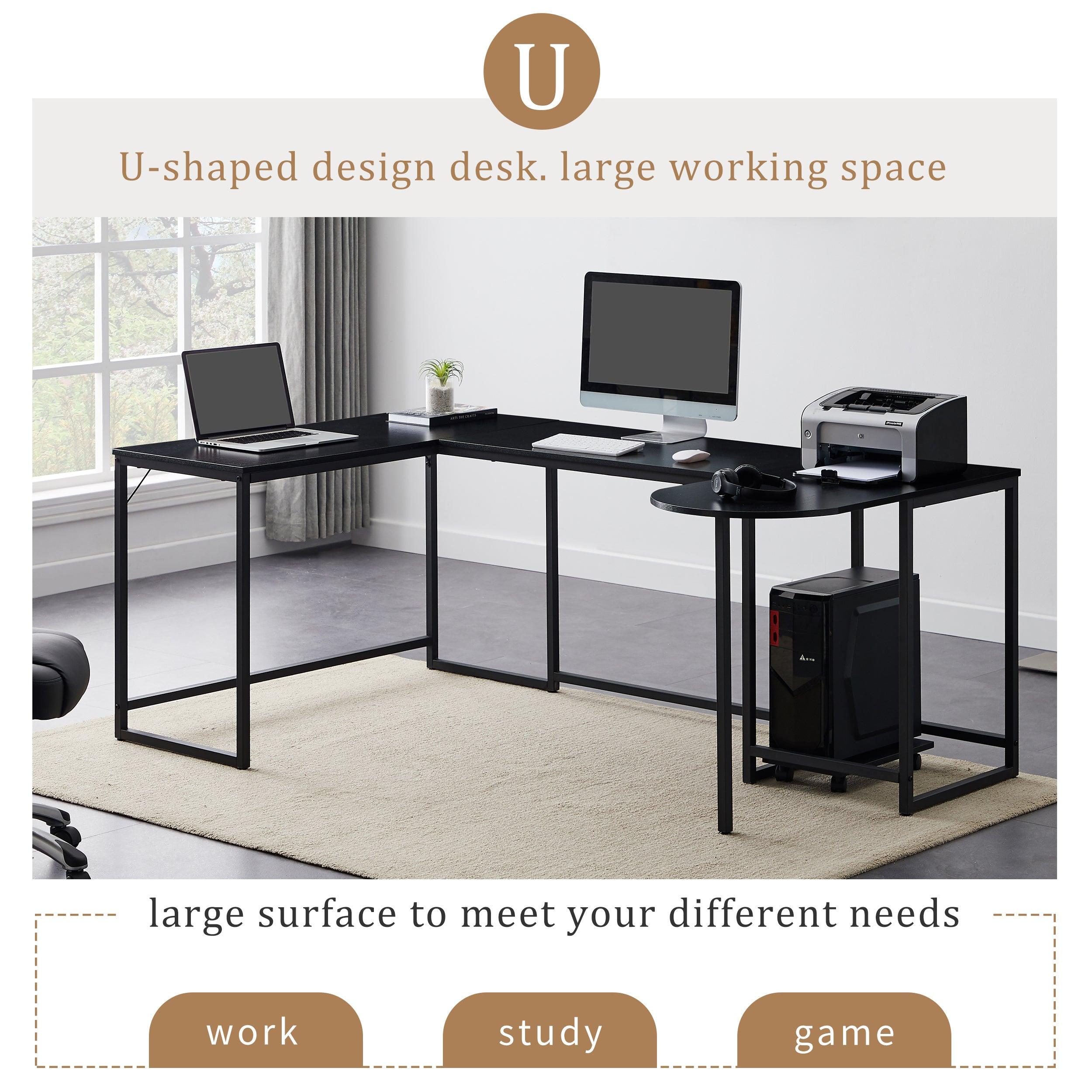 U-shaped Computer Desk, Industrial Corner Writing Desk with CPU Stand, Gaming Table Workstation Desk for Home Office (Black)