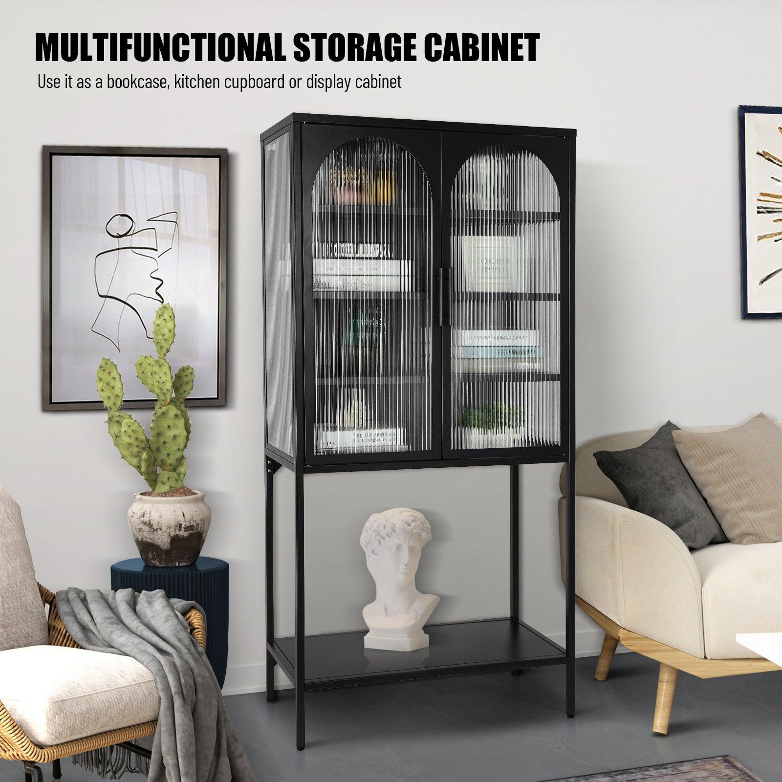 Stylish Tempered Glass TallStorage Cabinet with 2 Arched Doors Adjustable Shelves and open bottom shelf ,Feet Anti-Tip Dust-free Fluted Glass Kitchen Credenza Black Color