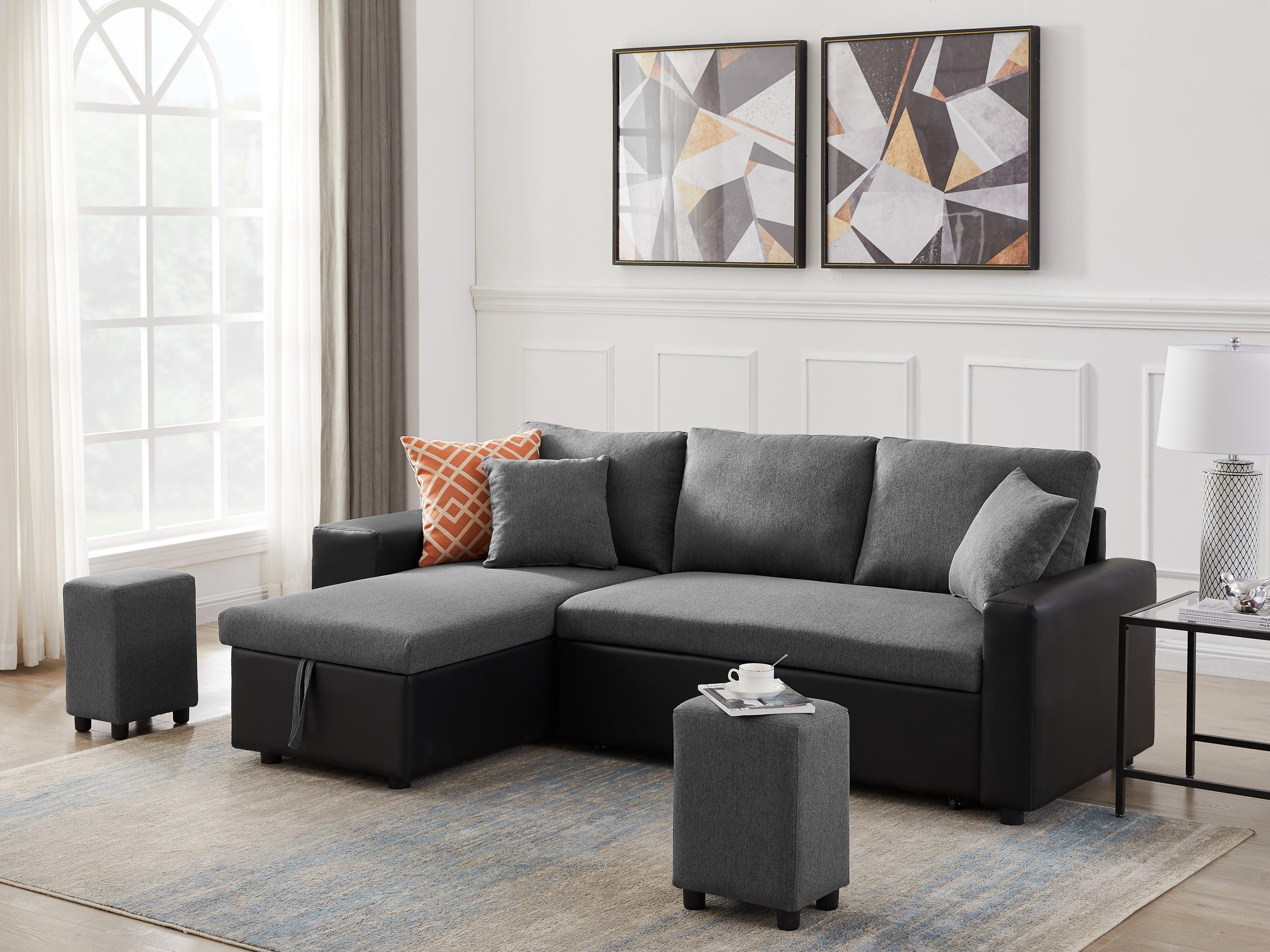 92.5“Linen Reversible Sleeper Sectional Sofa withStorage and 2 stools Steel Gray