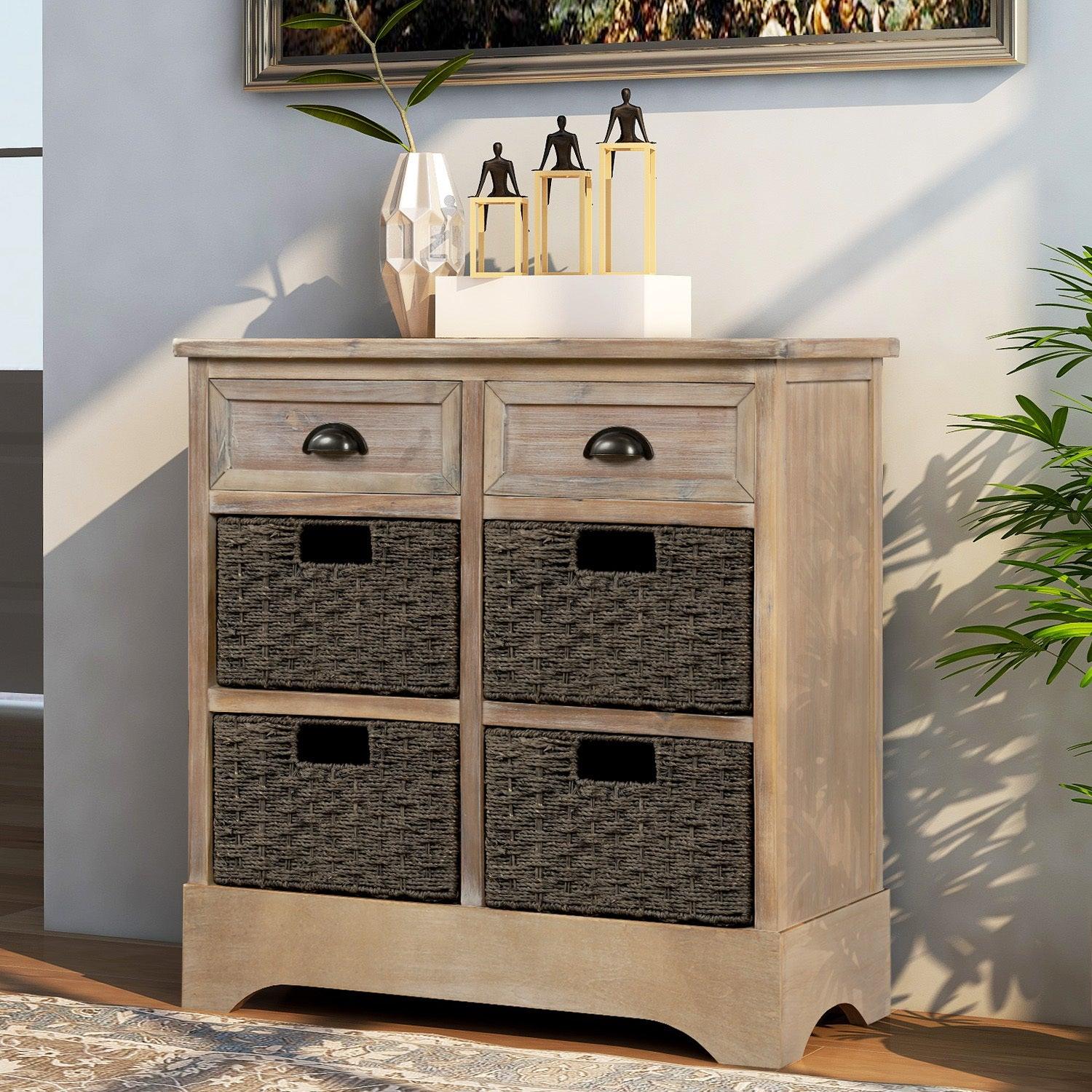 RusticStorage Cabinet with Two Drawers and Four Classic Rattan Basket for Dining Room/Living Room (White Washed)