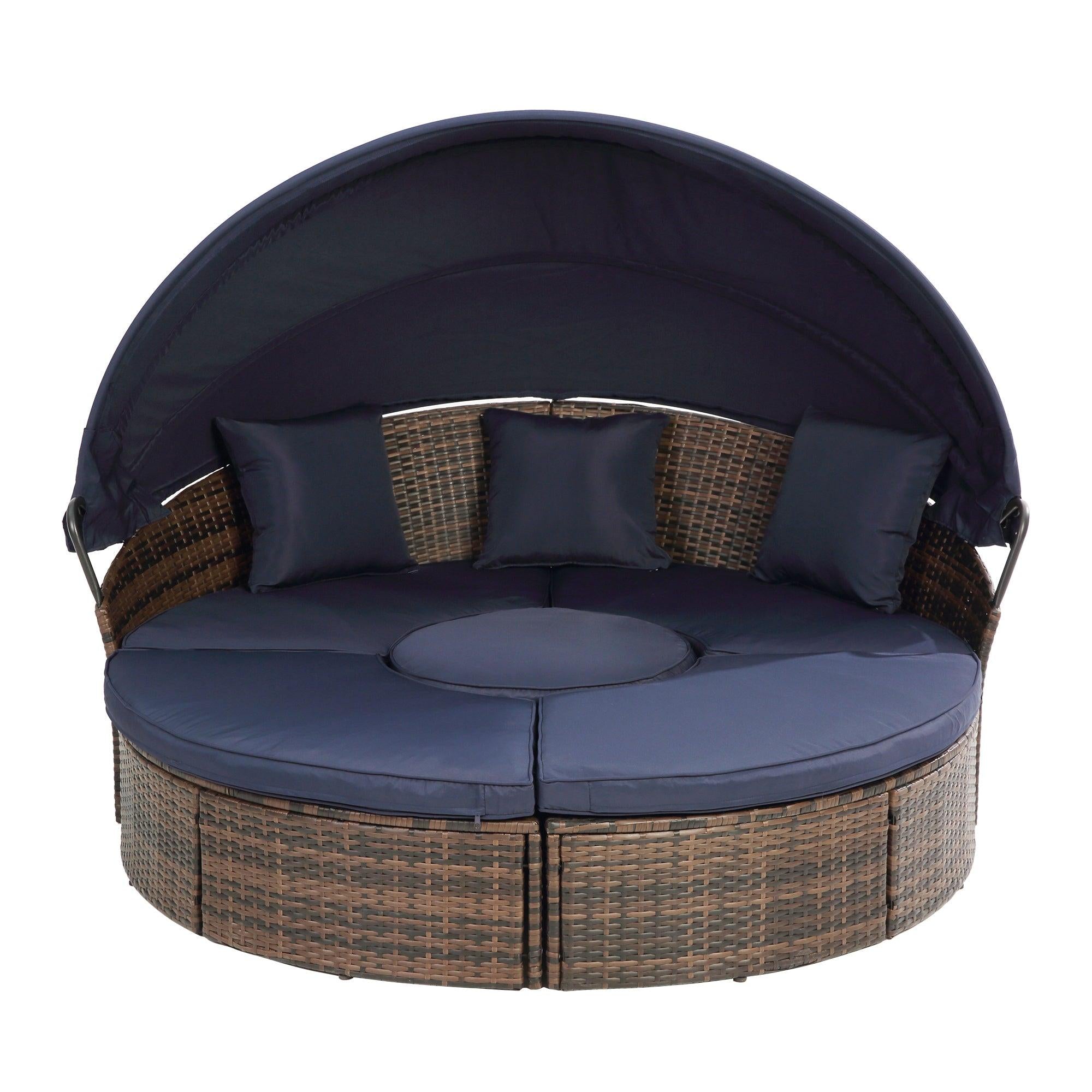 Rattan Round Lounge With Canopy Bali Canopy Bed Outdoor, Wicker Outdoor Sofa Bed with lift coffee table