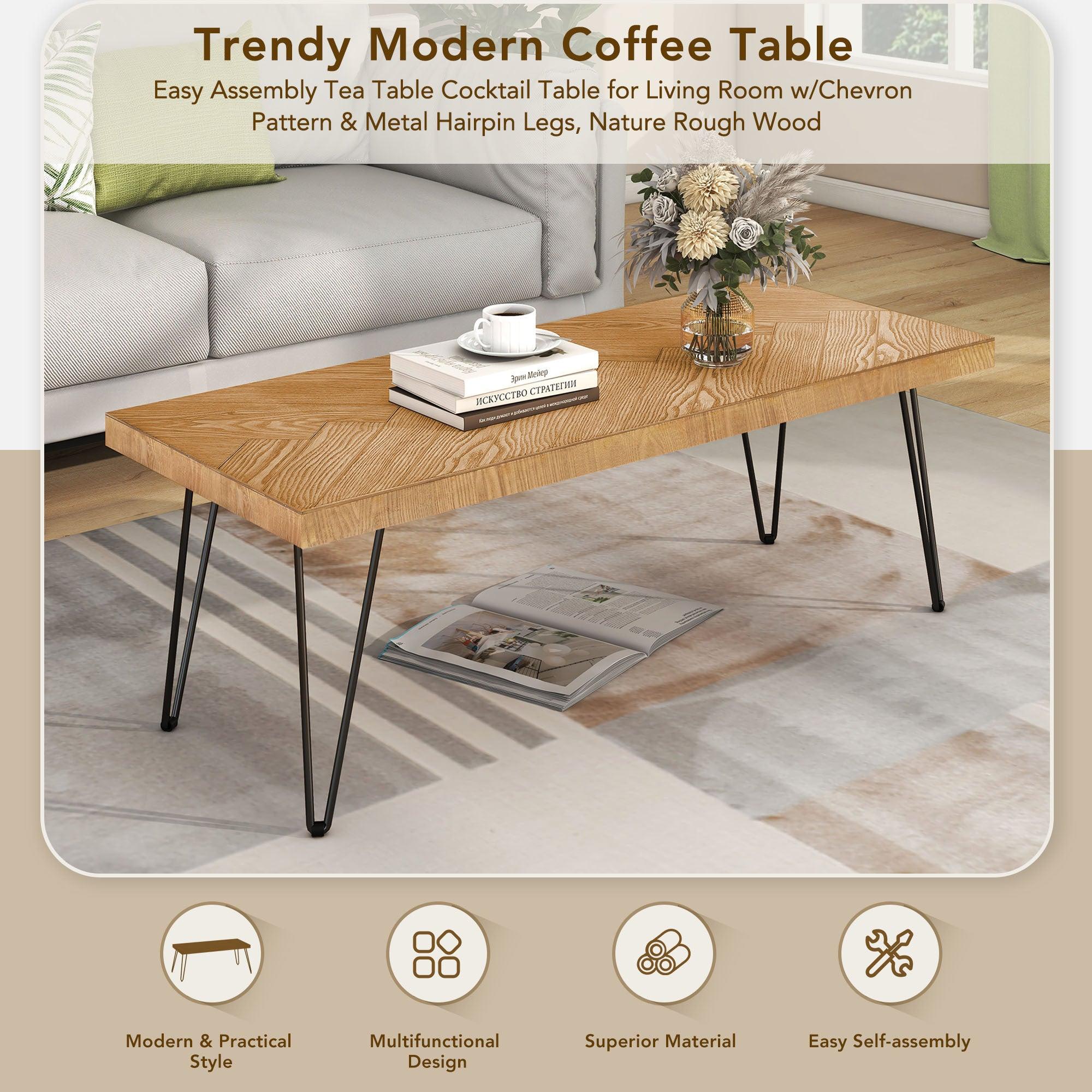 Modern Coffee Table, Easy Assembly Tea Table, Thicken Cocktail Table with w/Chevron Pattern & Metal Hairpin Legs for Living Room, Ash Wood Finished