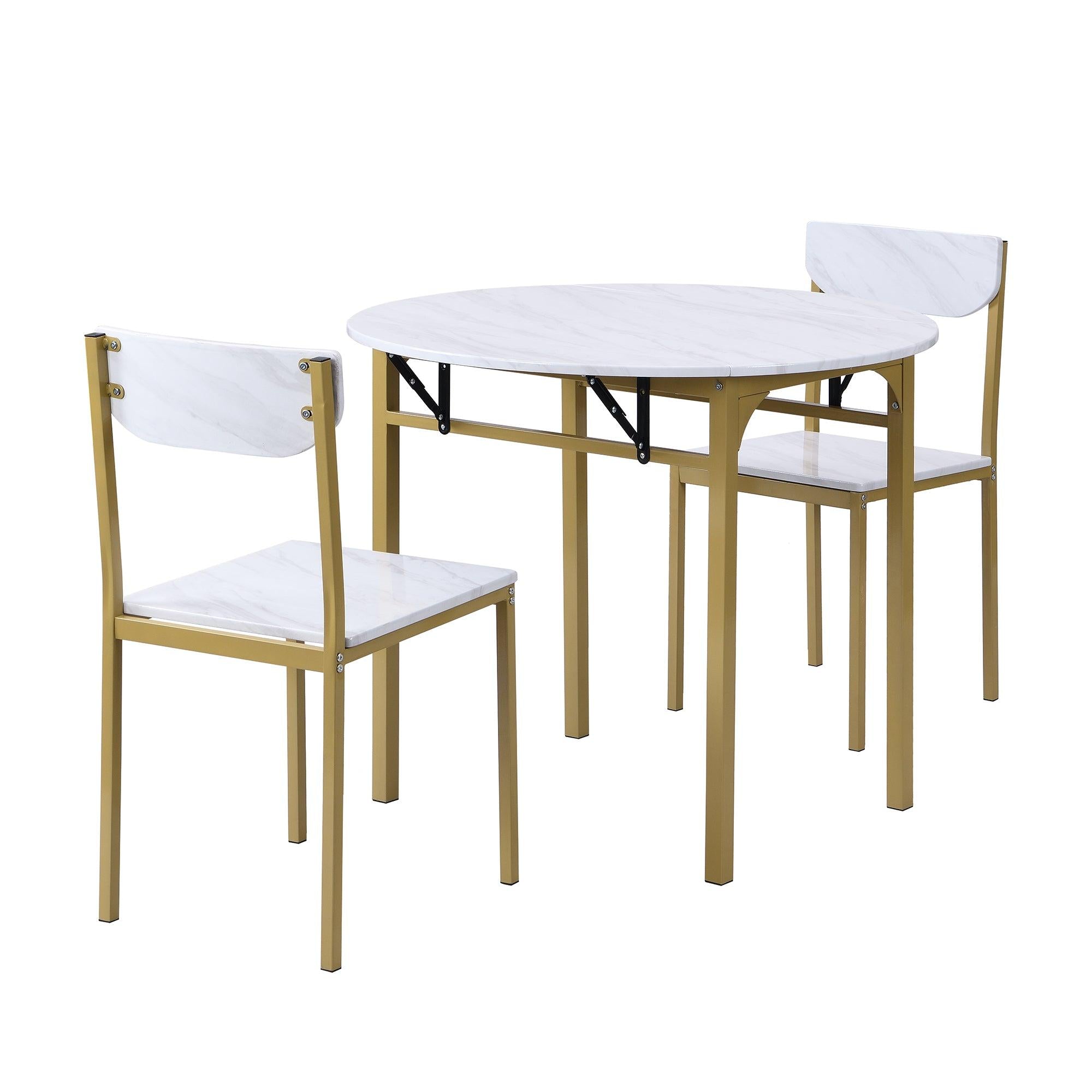 Modern 3-Piece Round Dining Table Set with Drop Leaf and 2 Chairs for Small Places,lden Frame+Faux White Granite Finish