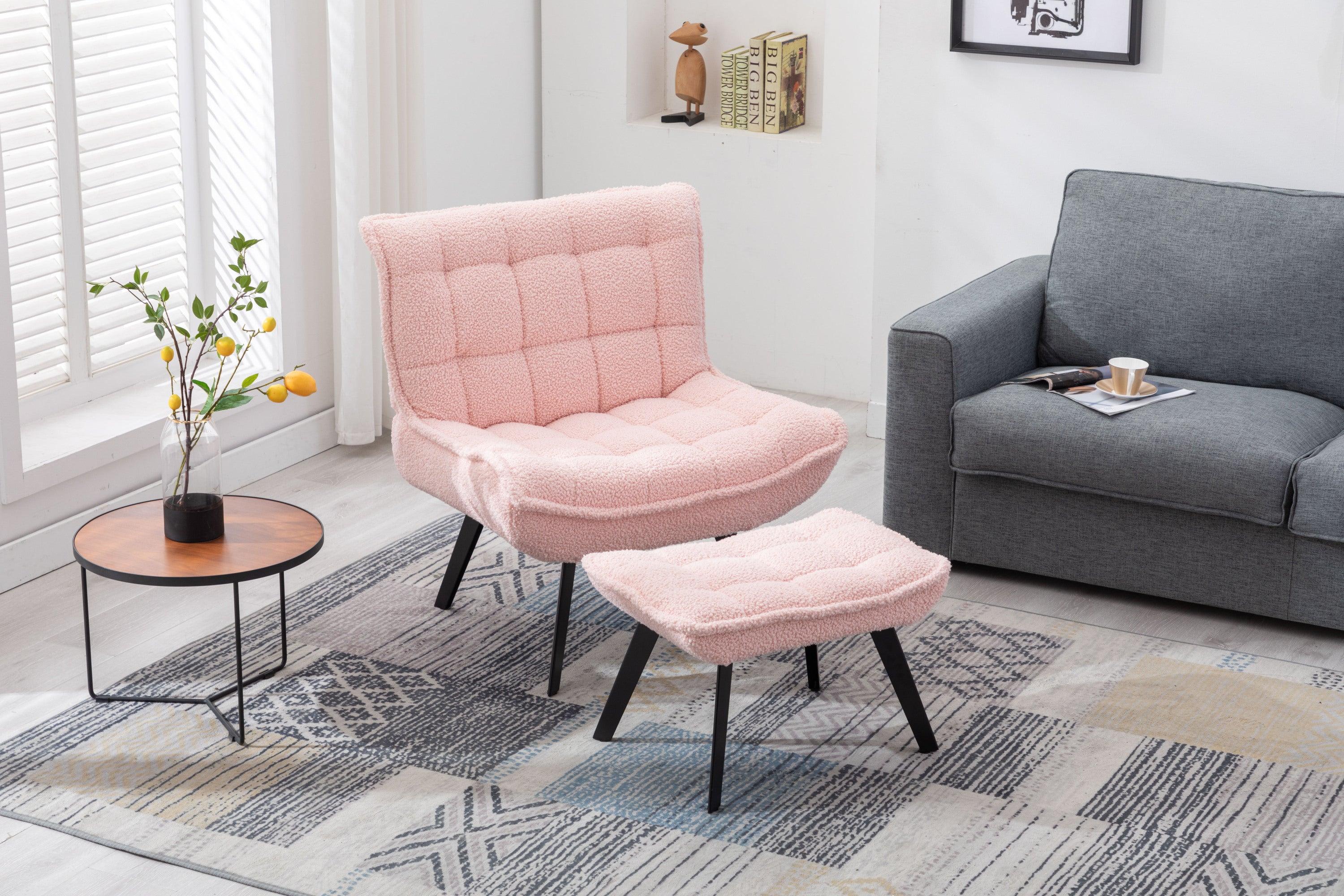 Modern Soft Teddy Fabric Material Large Width Accent Chair Leisure Chair Armchair TV Chair Bedroom Chair With Ottoman Black Legs For Indoor Home And Living Room,Pink