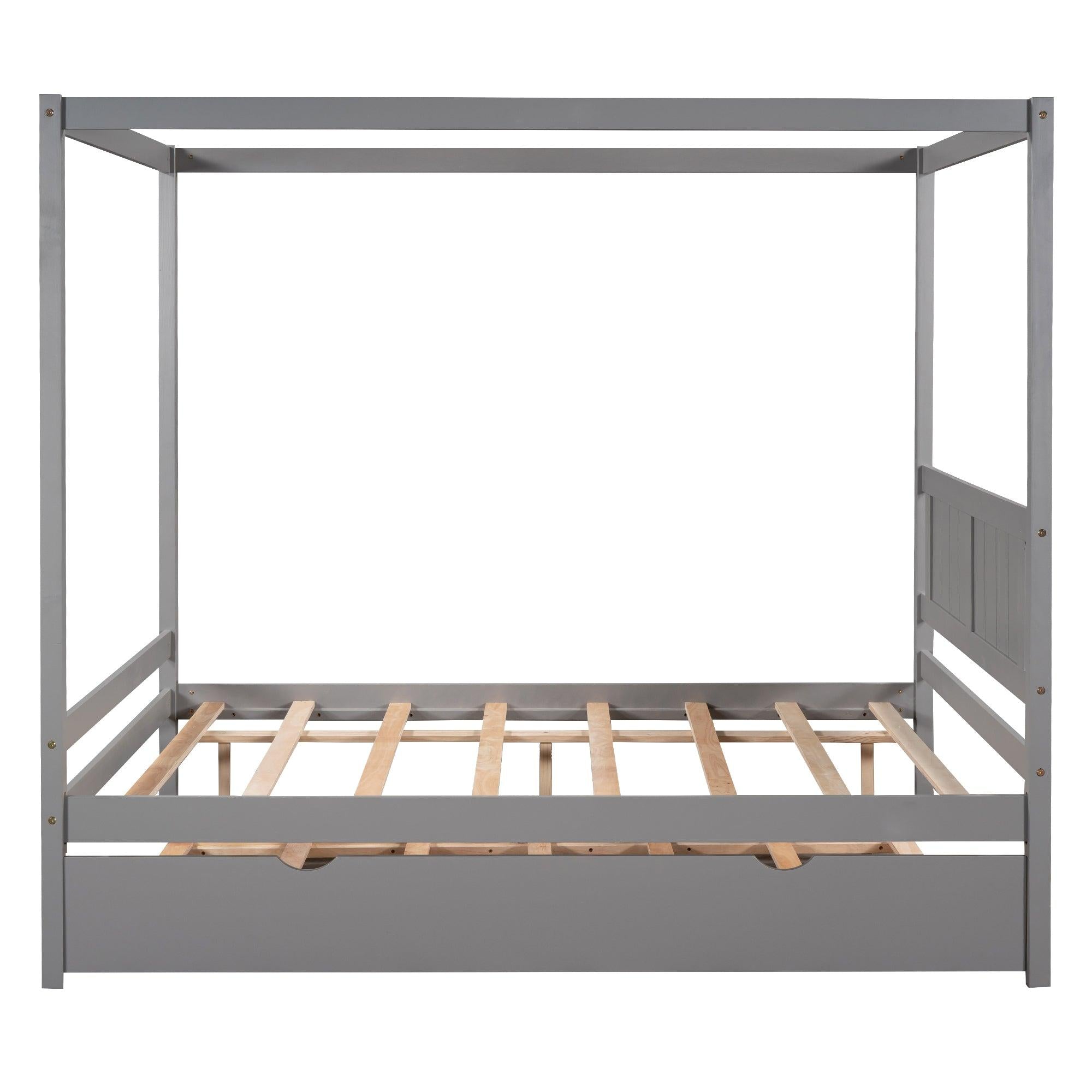 Full Size Canopy Platform Bed with Trundle,With Slat Support Leg,Gray