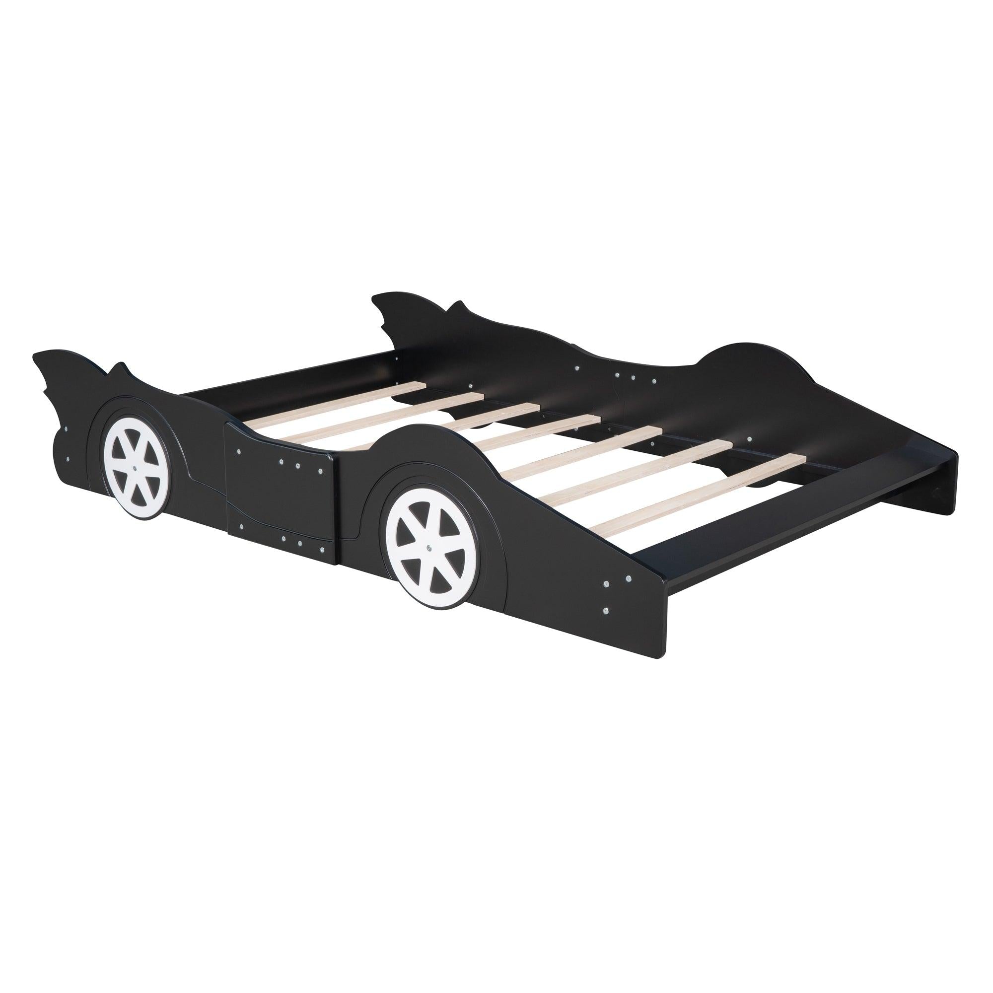 Full Size Race Car-Shaped Platform Bed with Wheels,Black