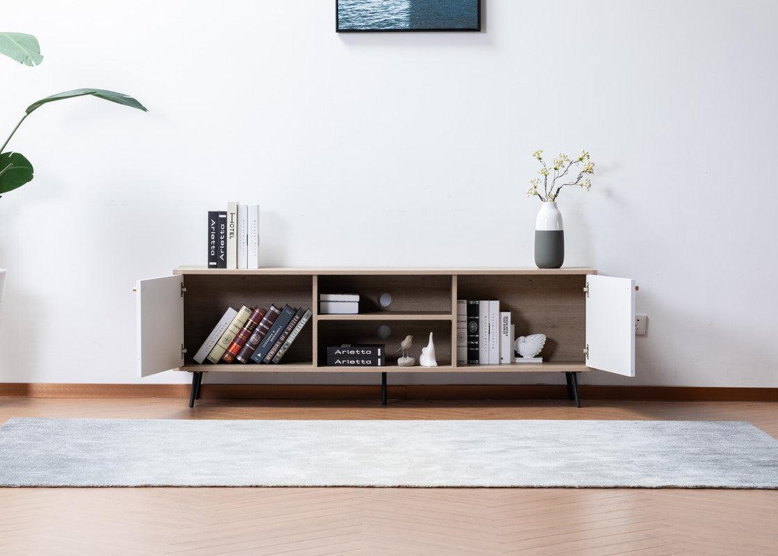 Aurora Light Brown Wood Finish TV Stand with 2 White Cabinets and Modular Shelves