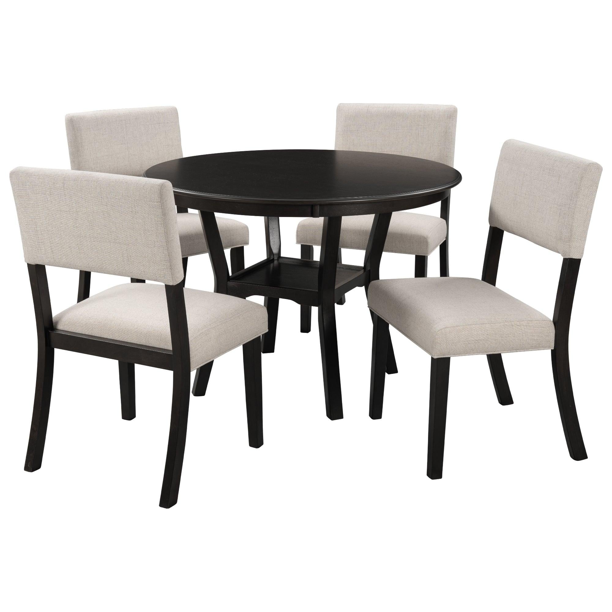 5-Piece Kitchen Dining Table Set Round Table with Bottom Shelf, 4 Upholstered Chairs for Dining Room（Espresso）