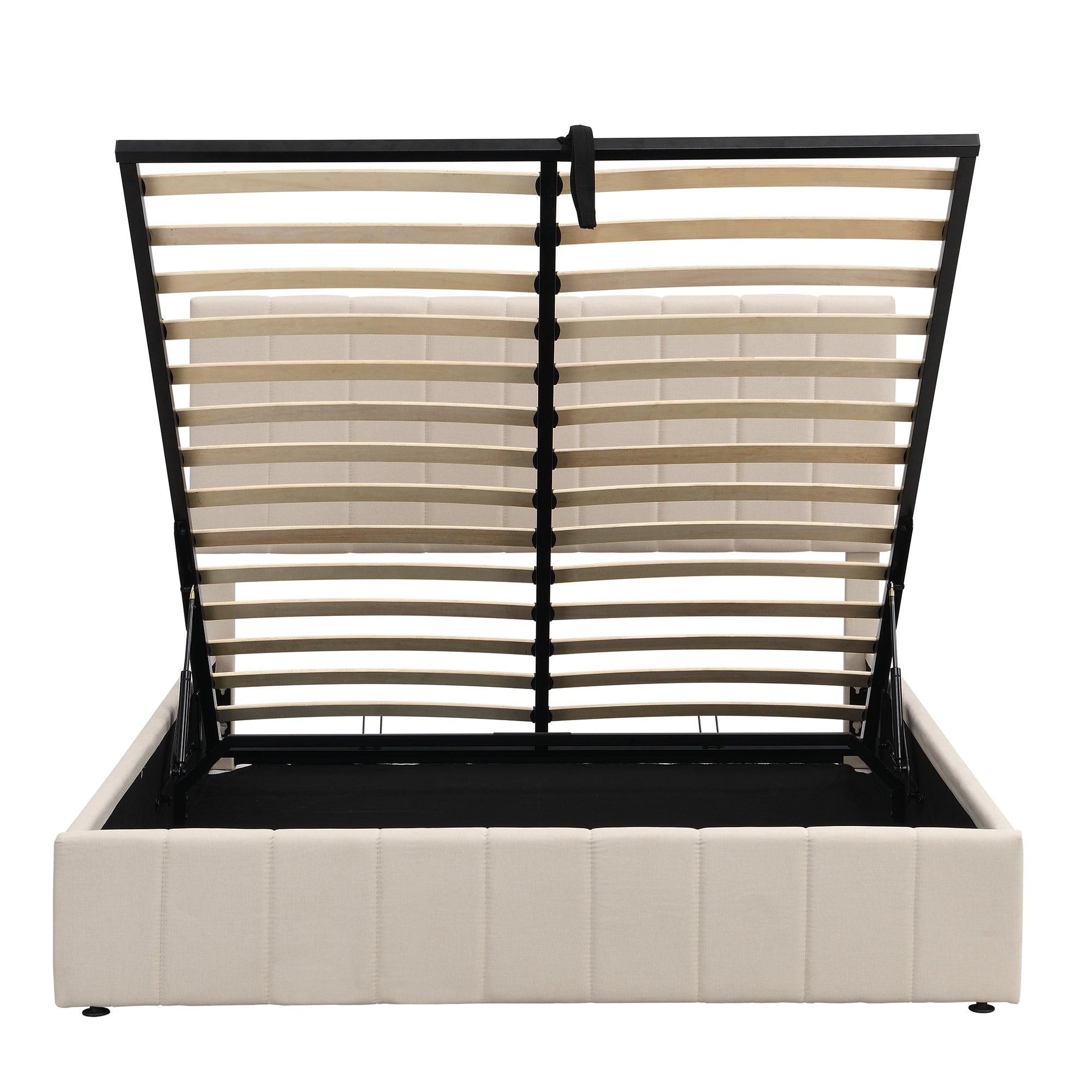 Queen size Upholstered Platform bed with a HydraulicStorage System - Beige