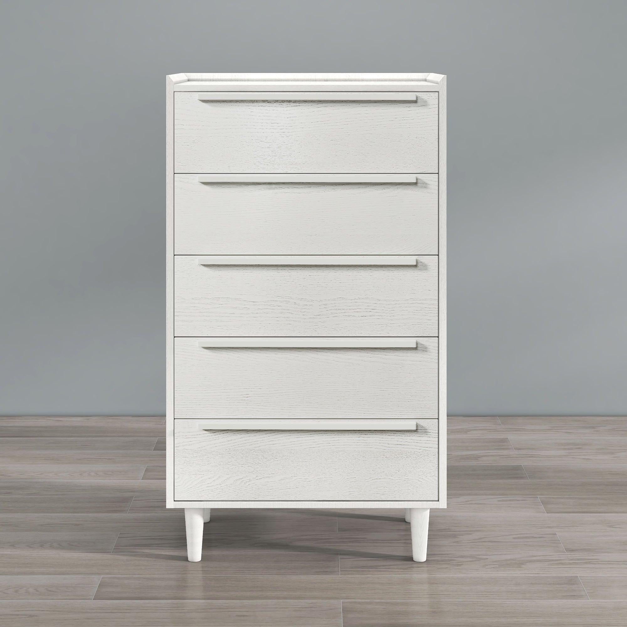 Modern Style Manufactured Wood 5-Drawer Chest with Solid Wood Legs, White