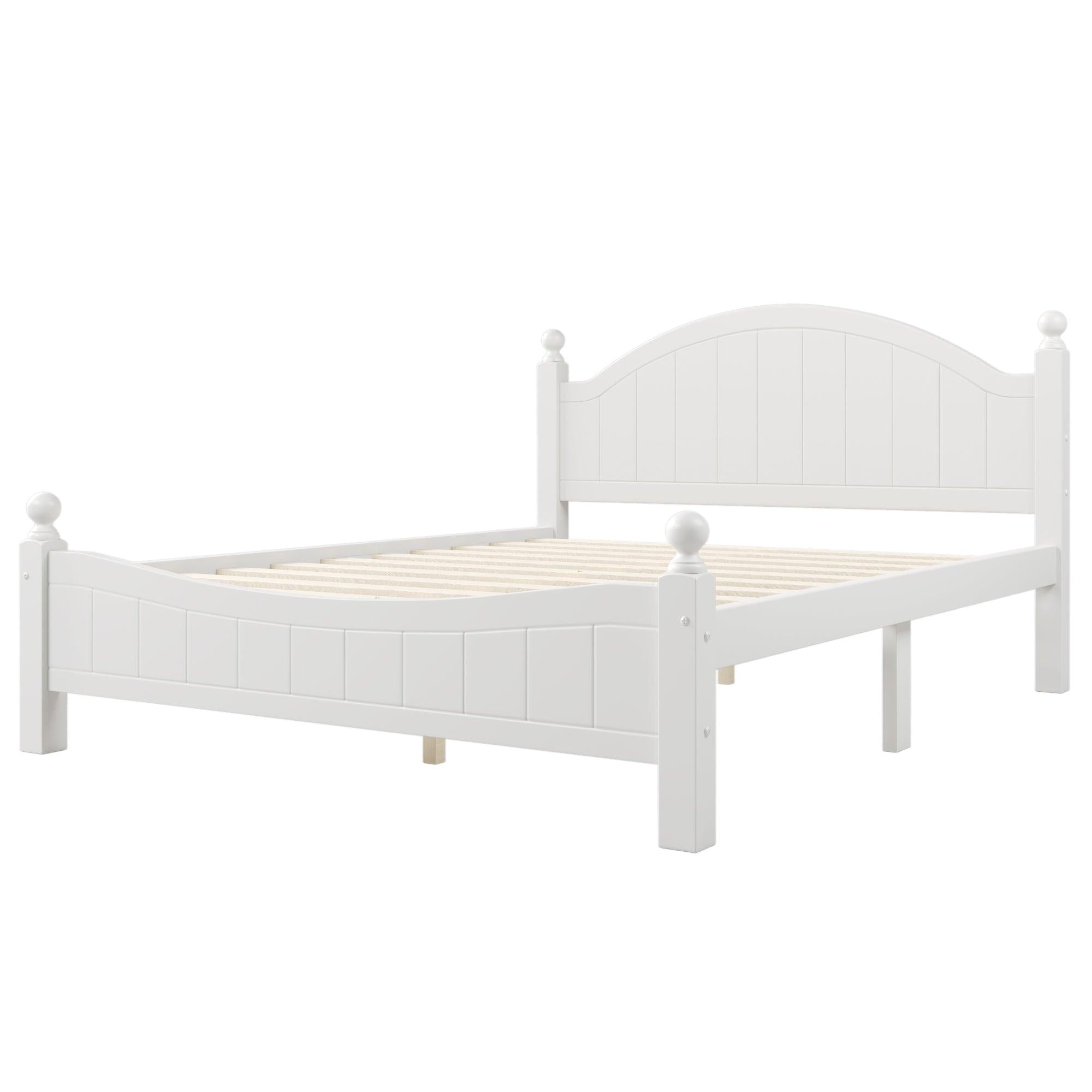 Traditional Concise Style White Solid Wood Platform Bed, No Need Box Spring, Queen